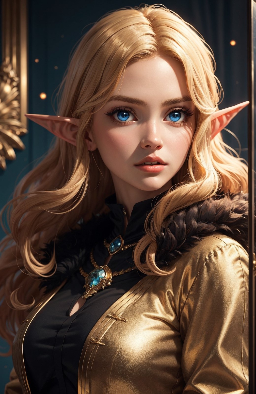 1girl, solo, Dark, Blue eyes, evil, golden, shiny, gold hair,High detailed ,midjourney,perfecteyes, big eyes, diamond, gems, elf, gold coat,
Masterpiece, high resolution, ultra detailed, good quality,orcaeffectKA