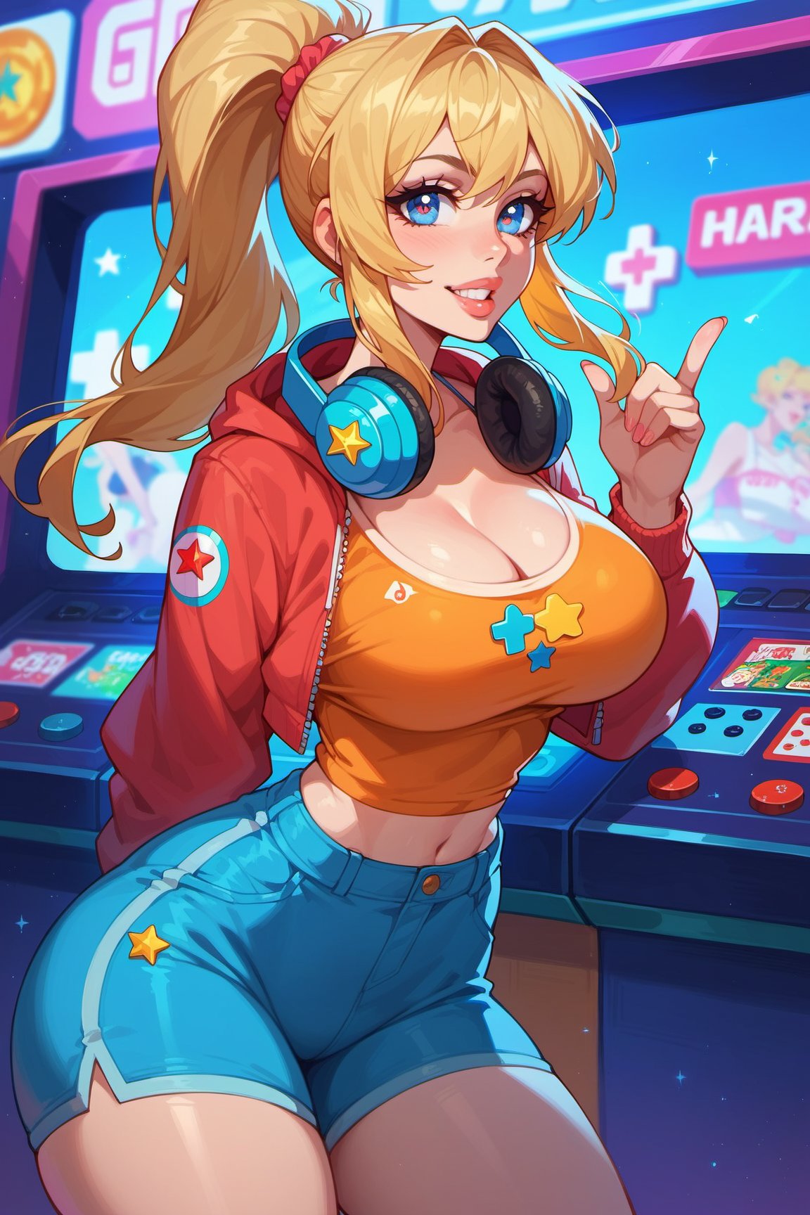 score_9, score_8_up, score_7_up, score_6_up, 1girl, solo, blonde, ponytail, headphone, gamer girl. pretty girl with long hair, huge tits, tits bursting out of her top, narrow waist, curvy hip. 1980s hairstyle and clothes. Bashful. Arcade, detailed eyes, bright teeth, full lips