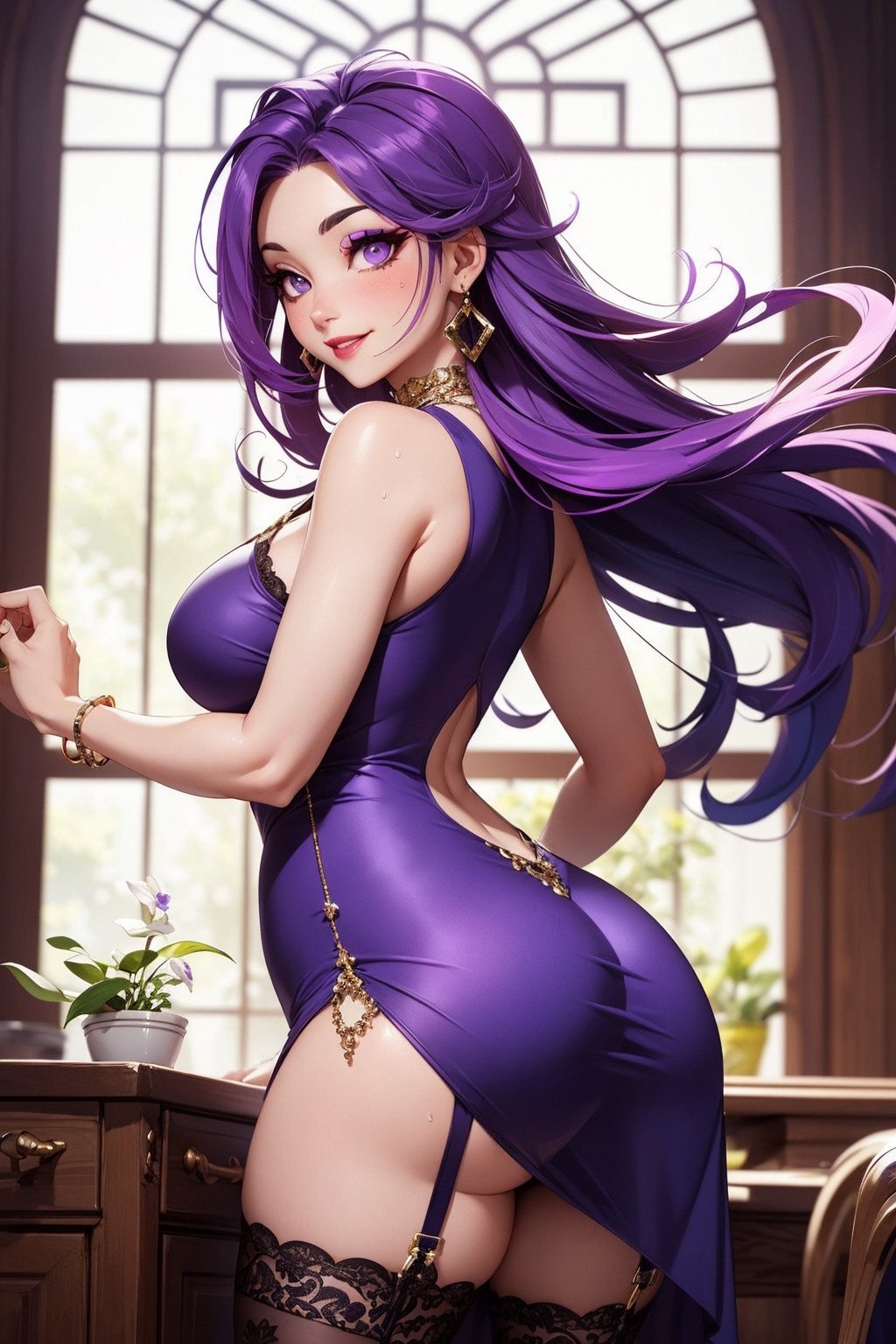 (masterpiece, High Quality, best quality:1.4), colorful, vibrant, highly detailed, hentai, 4K, trending on pixiv, blush, sweat, (horny smile:1.05), flirting glance, from behind, cowboy shot,
purple hair, long hair, purple lipstick, (mole:0.8), makeup, eyeshadow, ultra detailed hair, detailed face, purple eyes, eyes, perfect eyes, perfect face, earrings, jewelry,
(long violet dress:1.15), pink thighhighs, garter belt, lace,
(mature female, 40yo:1.1), (curvy:1.1), milf, huge sagging breasts, hips, arms up, armpits,