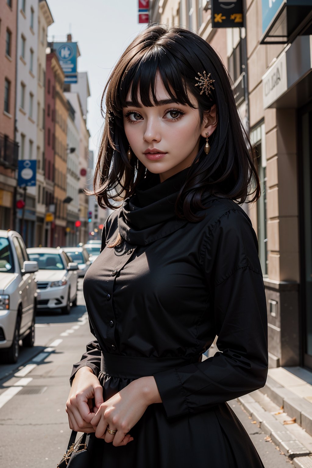 masterpiece, best quality, beautiful lighting, ultra detailed, hyperresolution
masterpiece, best quality, 1girl, black hair, medium hair, swept bangs, dress, black dress, scarf, jewelry, hair ornament,