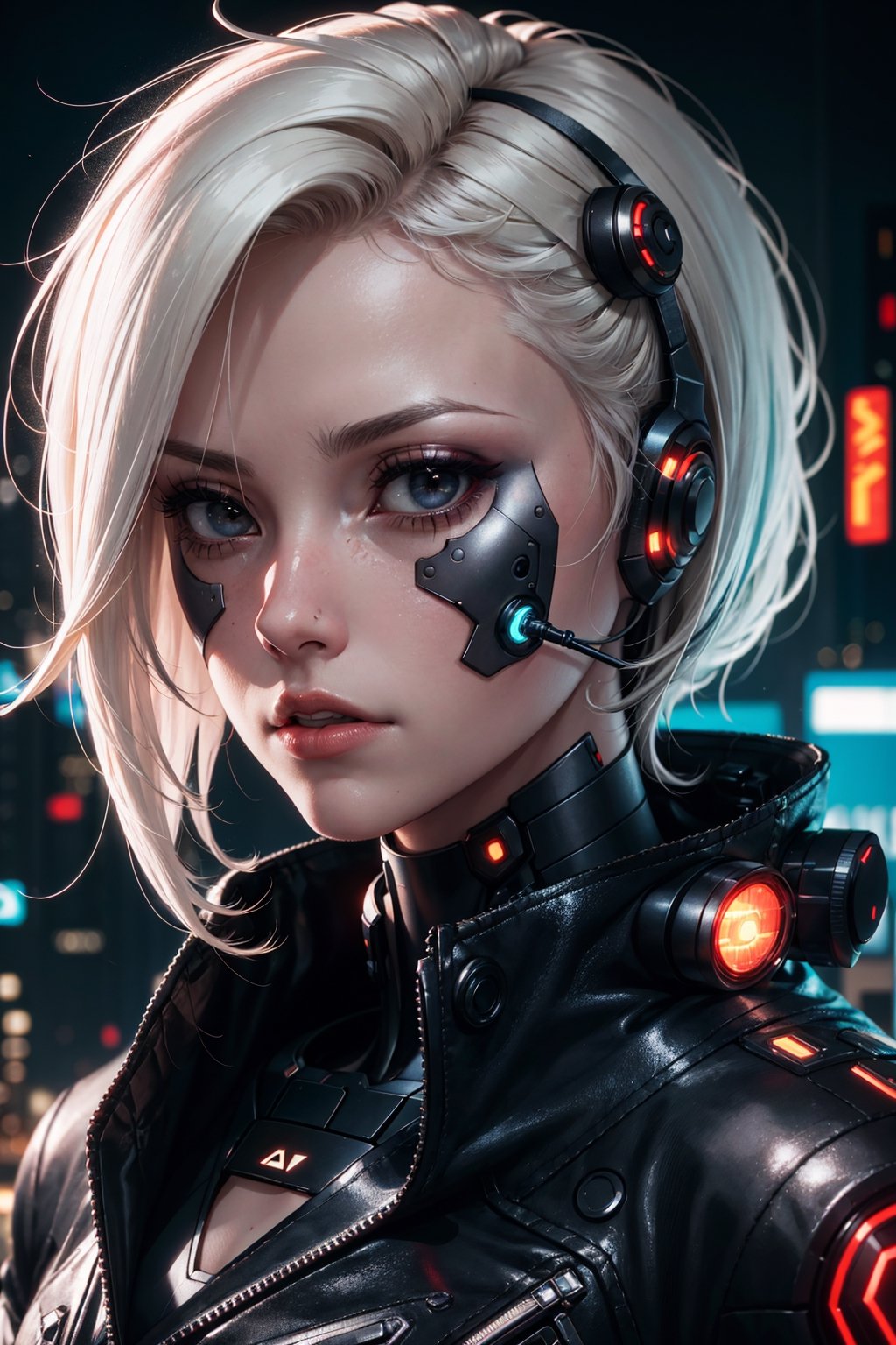 cyber_mark, cyborg, 1girl, solo, closed mouth, lips, makeup, portrait, nose, cyborg, (cyberpunk style:1.3), dark lighting, (chromatic aberration:1.3), (Random:1.3), blowout hair, platinum blonde hair, black eyes, sexy, (HDR:1.3)