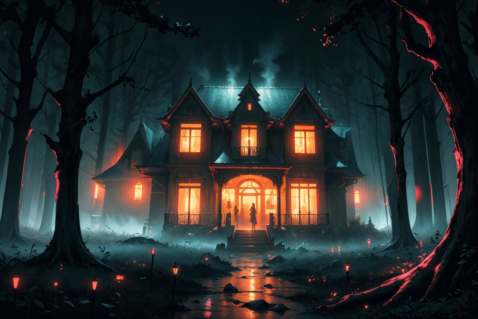 digital rendered, dark forest, black fantasy, huge mansion, glowing neons, neon lights, fog, sinister house 

masterpiece, best quality, ultra highres, depth of field. neons , detailed background. intricate, gradient lights, colorful, detailed landscape.