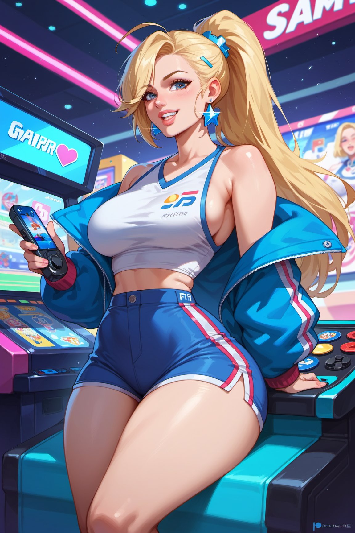 score_9, score_8_up, score_7_up, 1girl, solo, blonde, ponytail, headphone, gamer girl, ps5. pretty girl, long hair, huge tits, tits bursting out of her top, narrow waist, curvy hip, thick thighs. 1980s  clothes. Bashful. Arcade, detailed eyes, bright teeth, full lips