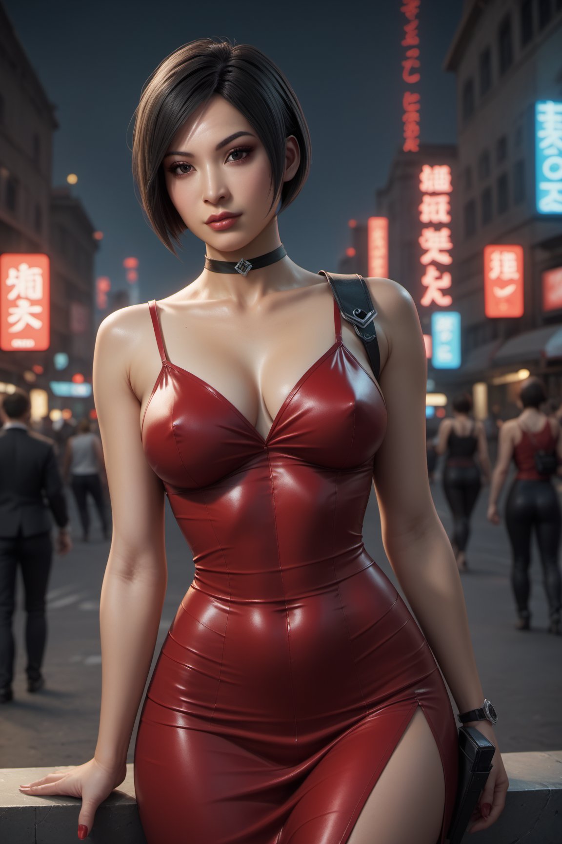 score_9, score_8_up, score_7_up, 1girl, young woman, beautiful face, short hair, Ada wong, cowboy shot, asian women. round breasts, skinny, large hip, pop hip. red dress, spaghetti straps bodycon, long bodycon dress, long skirt, choker, sleeveless, black choker, thigh_holster. looking at viewers. apocalypse city background, detailed background.