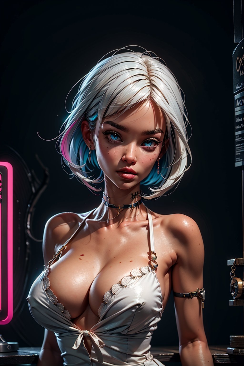 1girl, large breasts, short hair, asymmetrical hair, sexy look, sexy dress, sexy pose, indoors, cinematic, chromatic_aberration, bare shoulders, large cleavage, (sideboobs, breasts overflow:1.1), 
Masterpiece, best quality, ultra resolution, high resolution, HDR, volumetric light,High detailed ,perfecteyes,neonnightKA