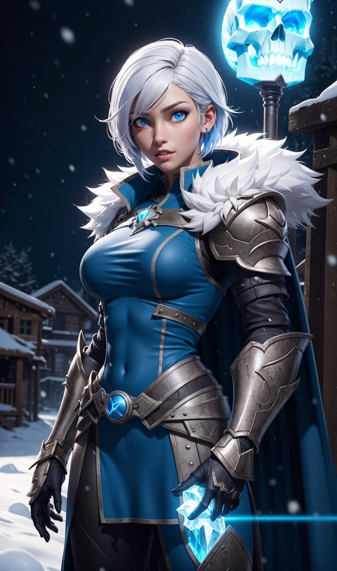 1girl, cowboy shot, wowdk, glowing blue eyes, skull armor, fur trim, pauldrons, torn cape, short white hair, large_breasts, blue fire, snow, ice, night, citadel, athletic, volumetric lighting, best quality, masterpiece, detailed eyes, detailed face, HDR, ultra resolution 