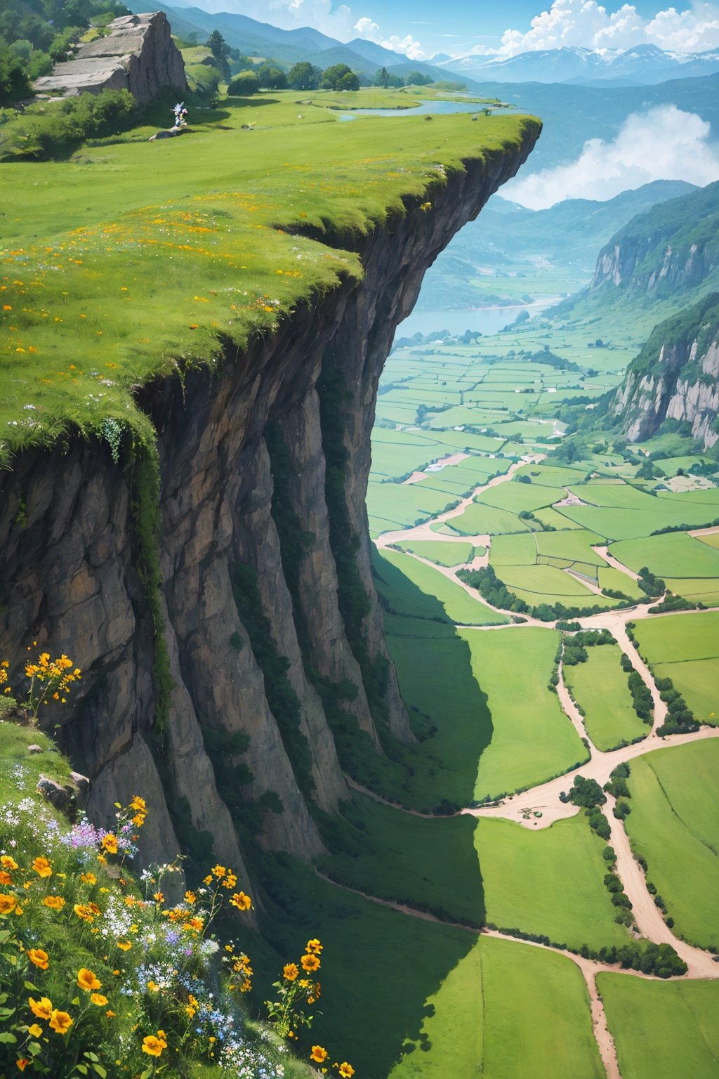 (masterpiece, best quality:1.4), (ultra-detailed, 8k, uhd), fantasy scenery, valley, beautiful, dreamlike, aesthetic art, digital art, professional artwork, immersive, mountainous horizon, other world, fantasy world, beautiful lighting, clouds in blue sky, sunbeam, natural light, vibrant colors, (grass fields, flower field), windy, reflections, ambient occlusion, godrays, wide long shot, from above, intricate details, captivating natural beauty, hyper-detailed, (studio ghibli), makoto shinkai, trending in artstation, (oil painting art, brush painting)