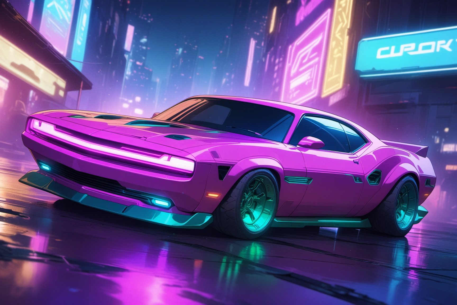 Cyberpunk, neon lights, futuristic muscle car, cyberpunk car, night, detailed background

masterpiece, best quality, ultra-detailed, very aesthetic, illustration, perfect composition, intricate details, absurdres, no humans,