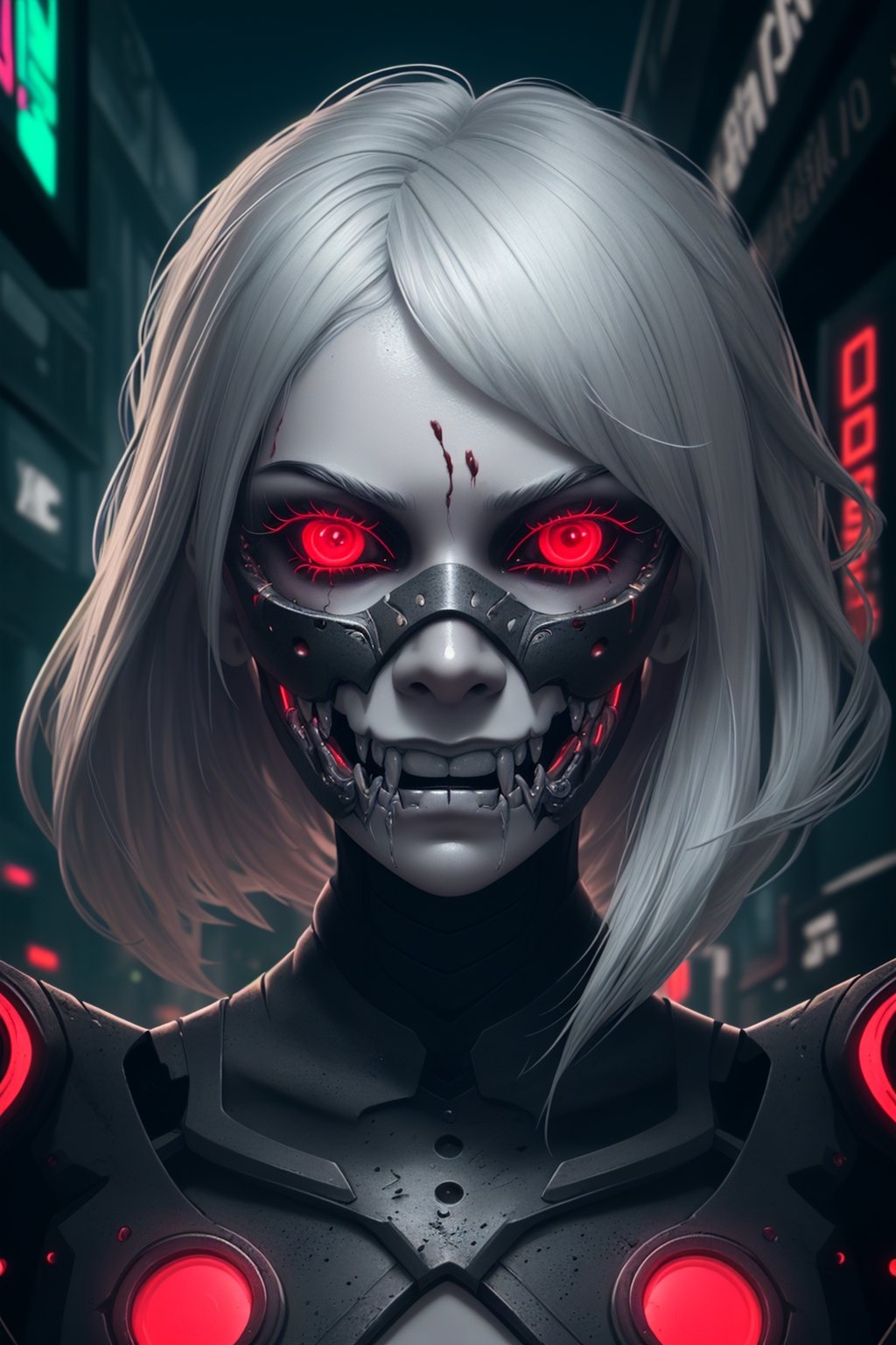 A portrait of a cybernetic demon woman, a mask, cinematic, (gorgeous and detailed face), detailed skin, detailed ashen maiden with ((silver hair)), pale white skin, detailed dark eyes, inspiration, dark red colors, intricate detailing, surrealism, enigmatic grin, dressed in complex chaotic neon cyberpunk armor, glowing neon eyes, detailed eyes, cyberpunk landscape, red energy particles on hands, gruesome, teeth, mouth, frightening, deformation,(Masterpiece:0.4) (best quality:0.6) (high quality:1),