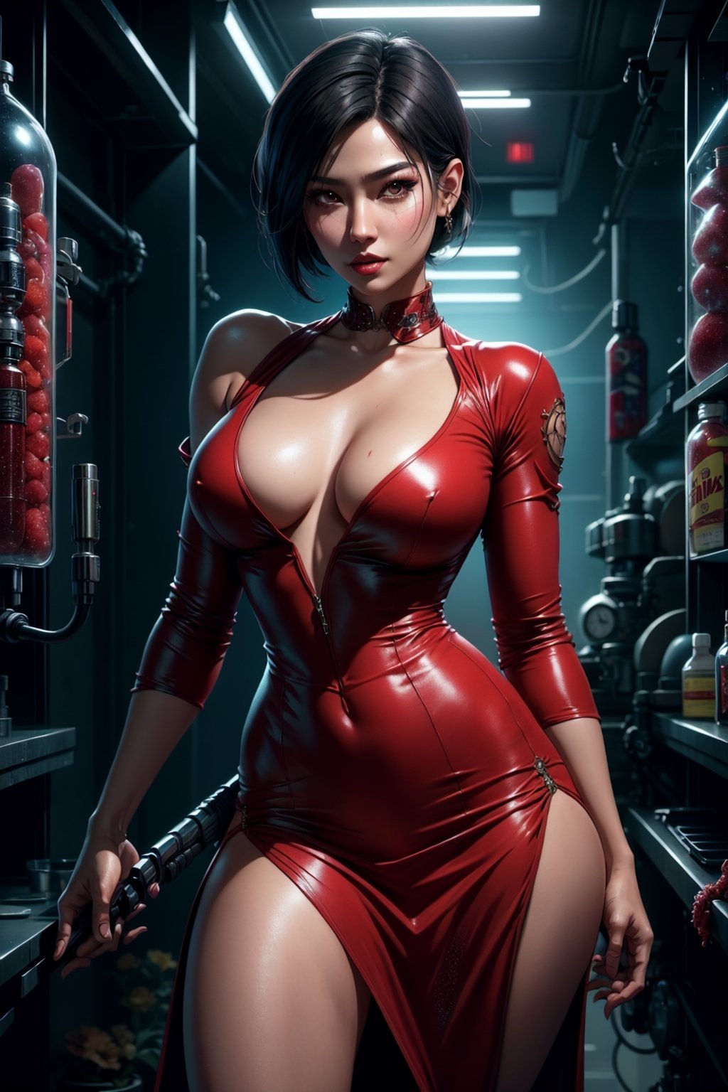 cowboy shot of Ada wong, chinese women, asian women, beautiful face, detailed face, side view, resident evil, red sheat dress, long v-neck, dress slit, thigh slit, zombie apocalypse background, 
High detailed, BiophyllTech,glitter, DonMDj1nnM4g1cXL ,potcoll, DonMBl00mingF41ryXL 