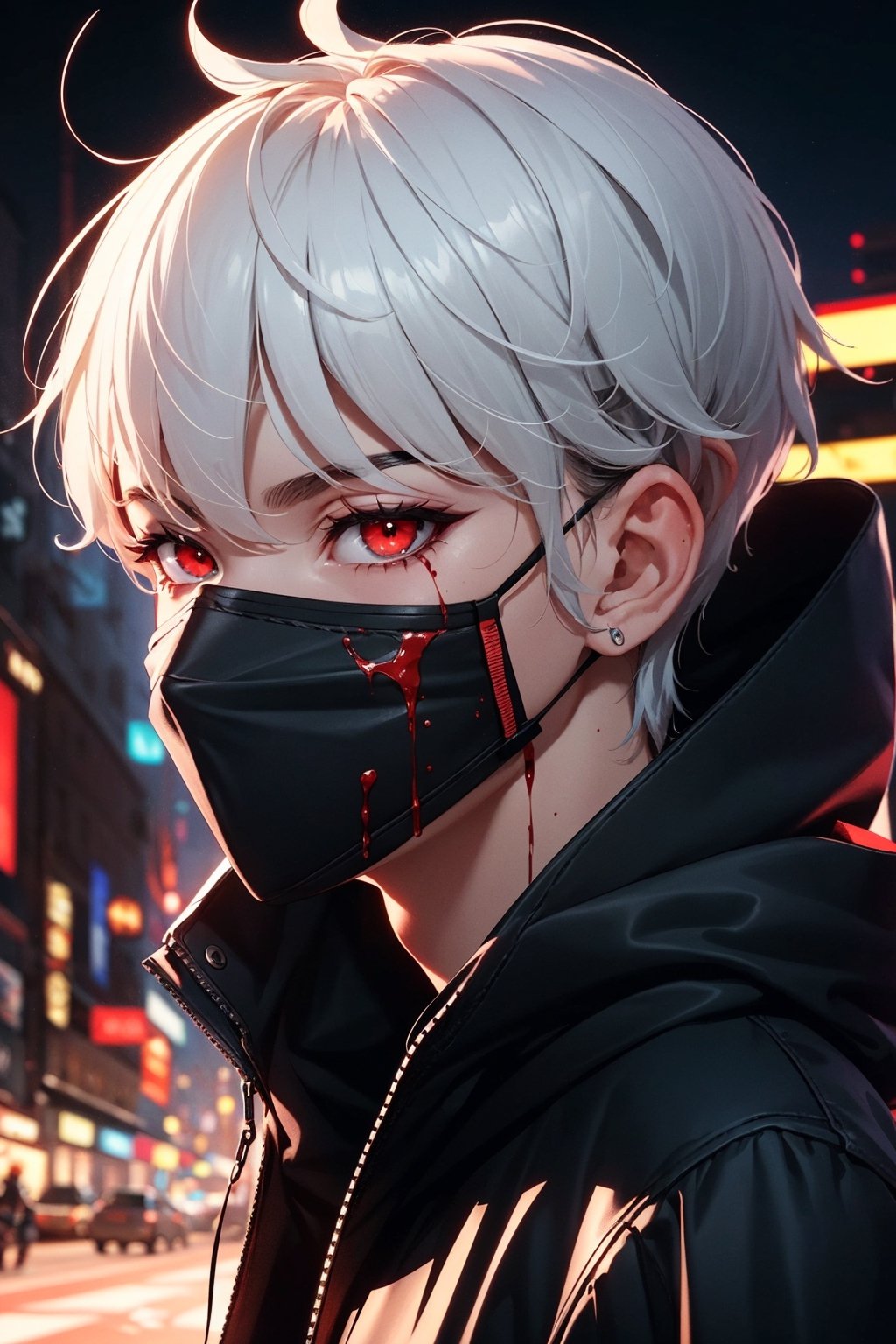 best quality, more details, masterpiece, 1boy, kaneki ken, portrait, close-up,  male focus, red eyes, solo, mask, black nails, bangs, looking at viewer, hood, short hair, black background, hand up, hood up, nail polish, mouth mask, teeth, white hair, black mask, luxurious, 8k, detailed, ray tracing, depth of field, cinematic lighting, blood,