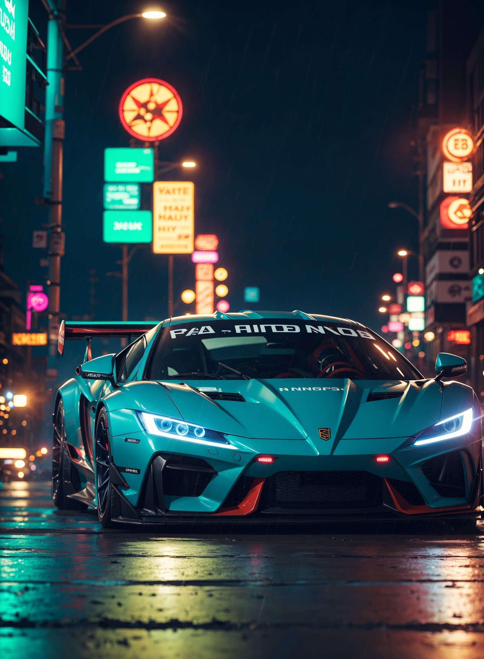 (digital artwork), Super car, wide body kit, modified car, racing livery, raining,
masterpiece, best quality, realistic, ultra highres, depth of field,(full dual colour neon lights:1.2), (hard dual colour lighting:1.4), (detailed background), (masterpiece:1.2), (ultra detailed), (best quality), intricate, comprehensive cinematic, magical photography, (gradients), colorful, detailed landscape, visual key,neonnightKA