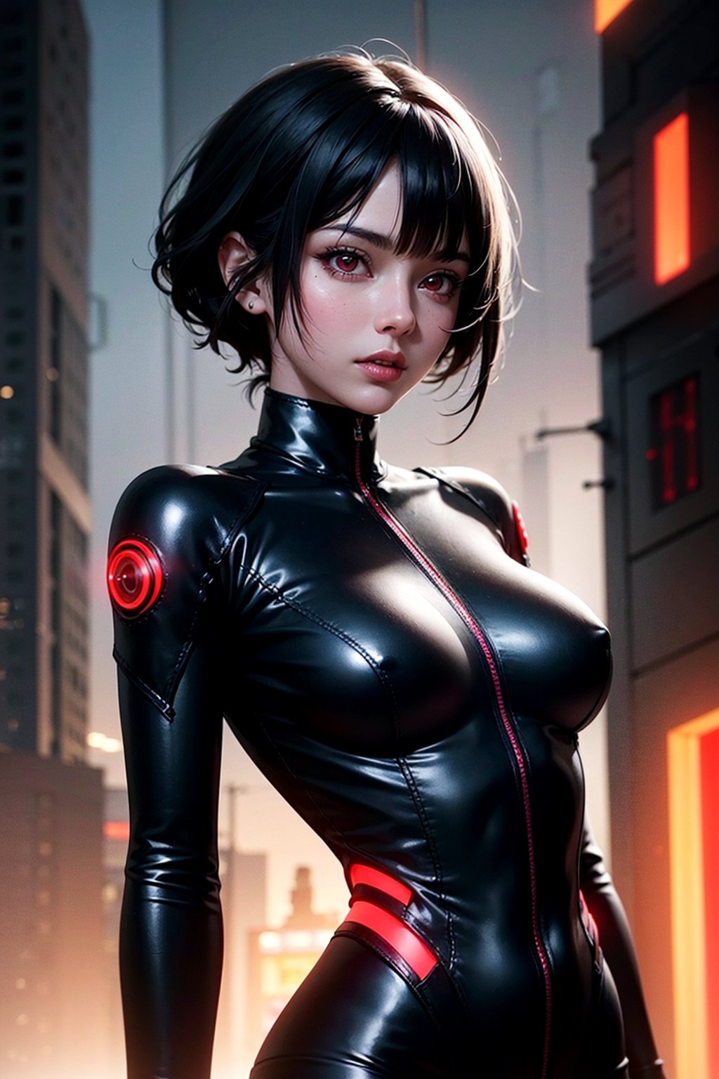 masterpiece,  red eyes,  light (red light:1.3),  1girl,  beautiful face,  skindentation,  detailed black hair,  pixie hair,  glowing light,  futuristic, mecha bodysuit,  upper body,  skinny waist,  large hip, cyberpunk background