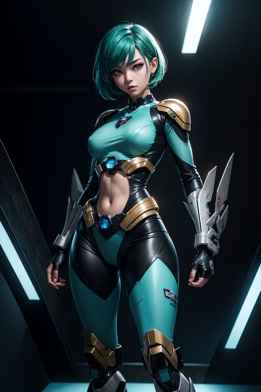 short_green_hair, Sexy_Superheroines , light_blue_eyes, CyberRealistic_Negative, Asian-Less-Neg, Full_body, punch_by_monster,mecha,super_mecha,jump