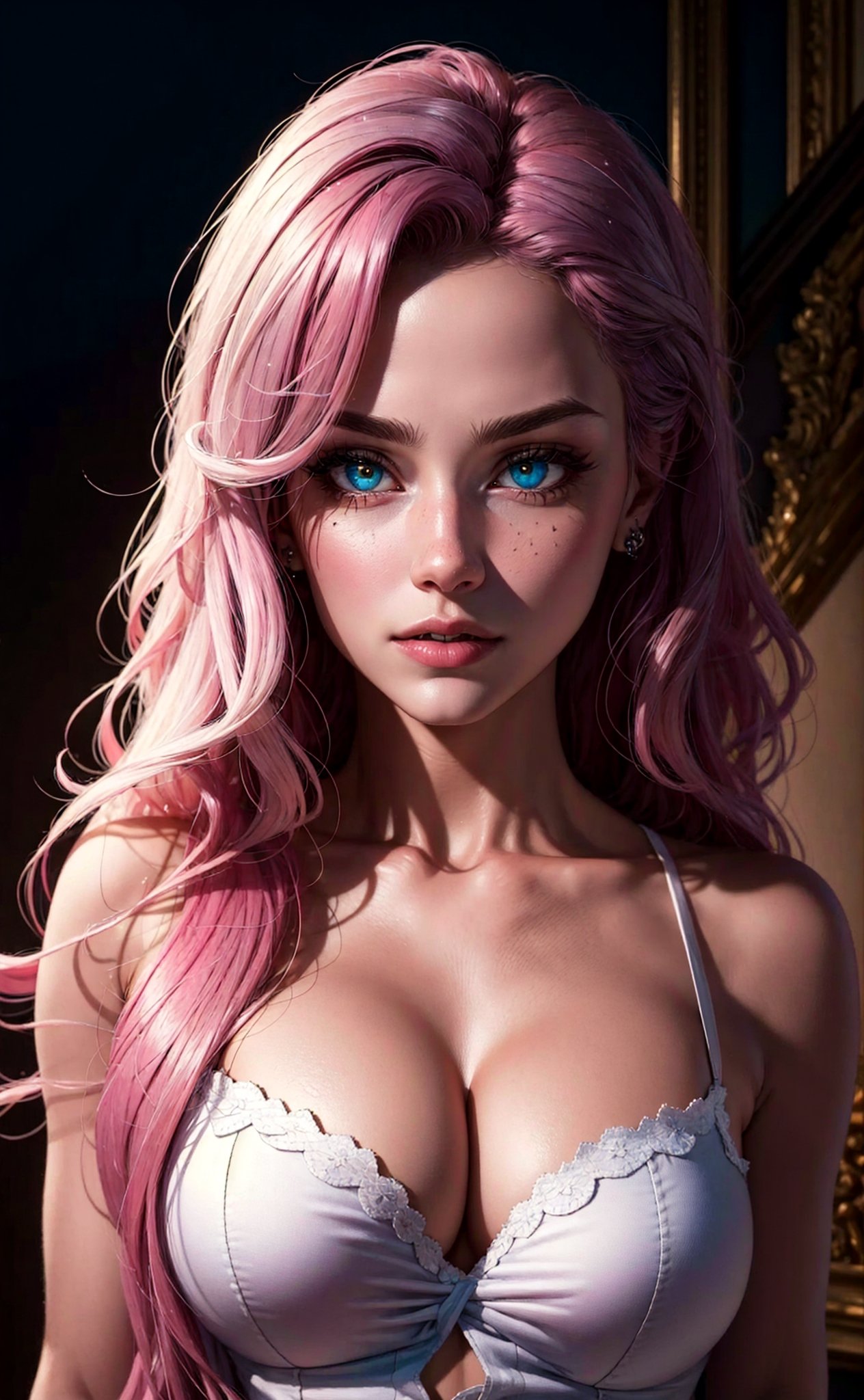 best quality, ultra high res, (photorealistic:1.4), (busty), large breasts, (pink long hair:1.3),((masterpiece,high quality:1.4)),(highres:1.2),1 womans, (ultra detailed face:1.6), (ultra detailed body:1.4), pink hair:1.2,(longhairstyle:1.4), straight hair, unity 8k wallpaper, ultra detailed, beautiful and aesthetic, beautiful, masterpiece, best quality, ((heterochromia)), furrowed_eyebrows,mysticlightKA