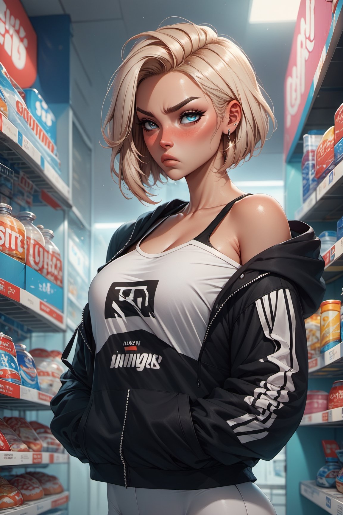 score_9, score_8_up, score_7_up,
1girl, solo, beautiful stylish girl, earrings. streetwear, off shoulder hoodie, croptop, white leggings. in a convenience store. heavenly beauty. full lips, pouting, blushing.,p0pp3r 