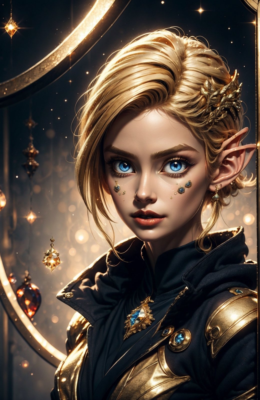 1girl, solo, Dark, Blue eyes, evil, golden, shiny, gold hair,High detailed ,midjourney,perfecteyes, big eyes, diamond, gems, elf, gold coat,
Masterpiece, high resolution, ultra detailed, good quality,orcaeffectKA