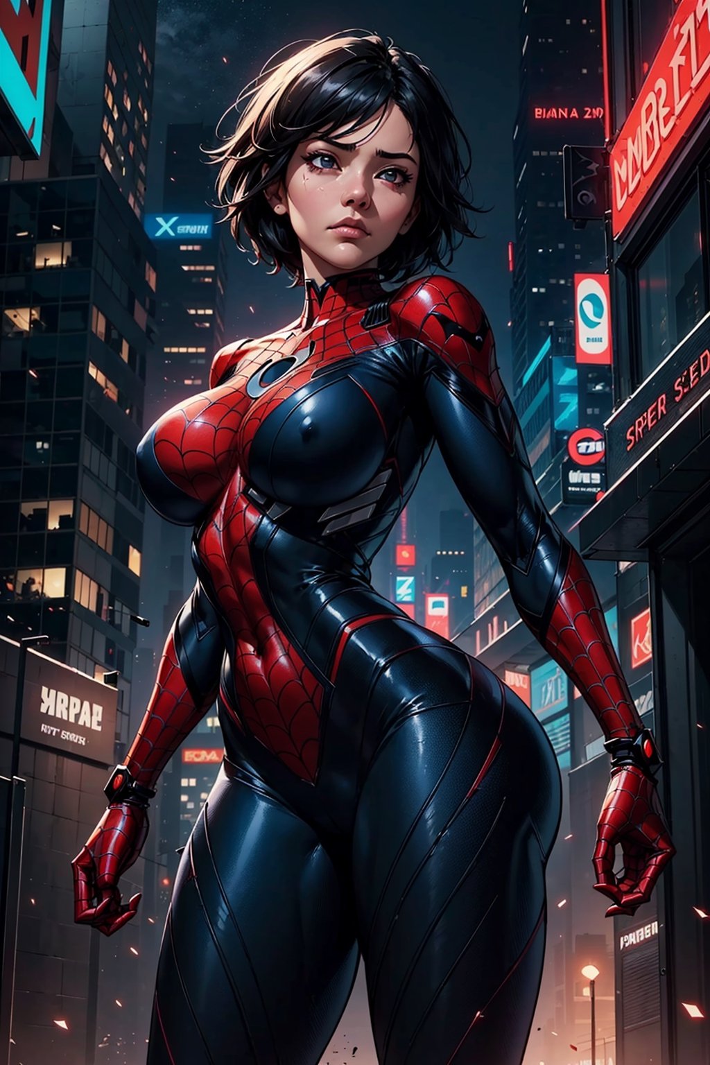 1girl, asian girl, peni parker, sad face, black spider man, Spiderman 2099, biomechanical arms, complex robot, cyberpunk aesthetic, huge Breasts, round_breasts, curvy hip, huge hip, symmetrical hair cut, short hair, evangelion_theme, apocalyptic background