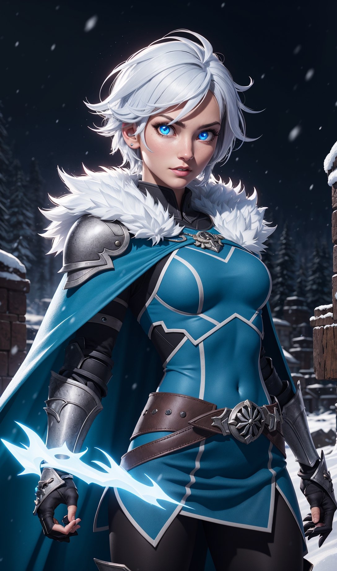 1girl, cowboy shot, wowdk, glowing blue eyes, skull armor, fur trim, pauldrons, torn cape, short white hair, blue fire, snow, ice, night, citadel, athletic, volumetric lighting, best quality, masterpiece, detailed eyes, detailed face, HDR, ultra resolution 