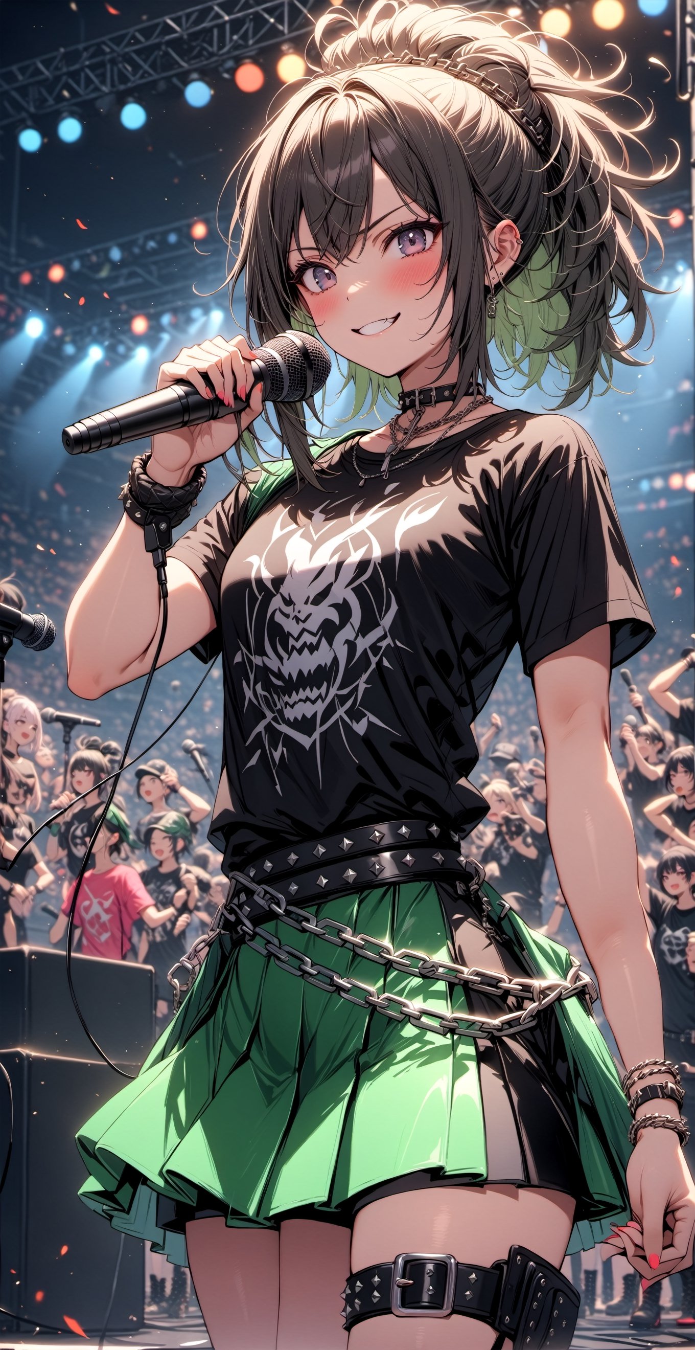 Masterpiece,best quality,
1girl, 18yo, Cute face, akali costume, chromatic dress, black band t-shirt, combat boots, studded belt with chain, microphone,KA