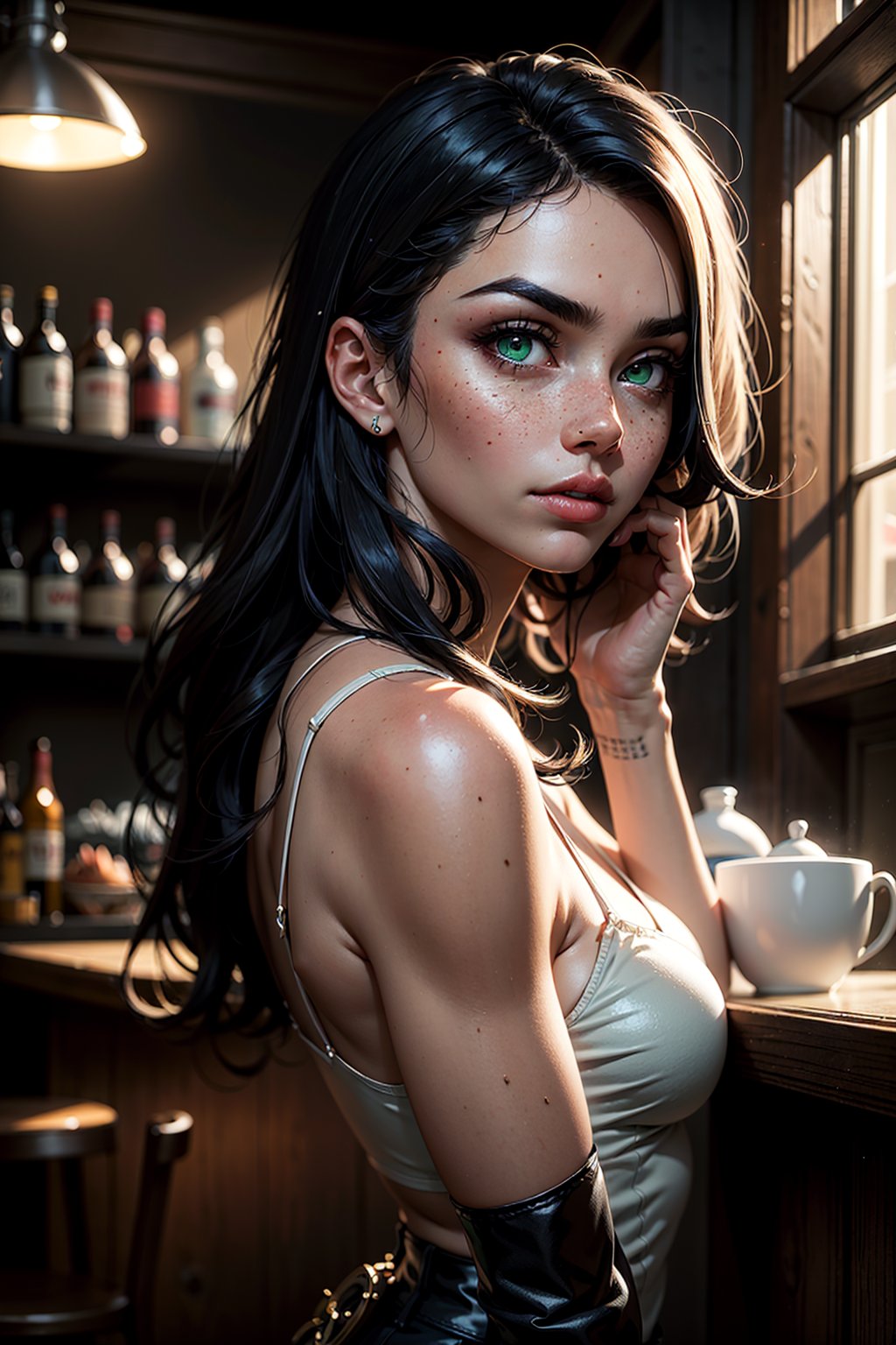 an awarded photo, 1girl, greek beauty, small nose, delicate freckles, alabaster white skin, big green eyes, black brows, black long wawing hairstyle, red highlights, posing, time magazine, in modern cafe, dynamic pose, cinematic lights, cowboy shot, Bokeh, deep of field, 