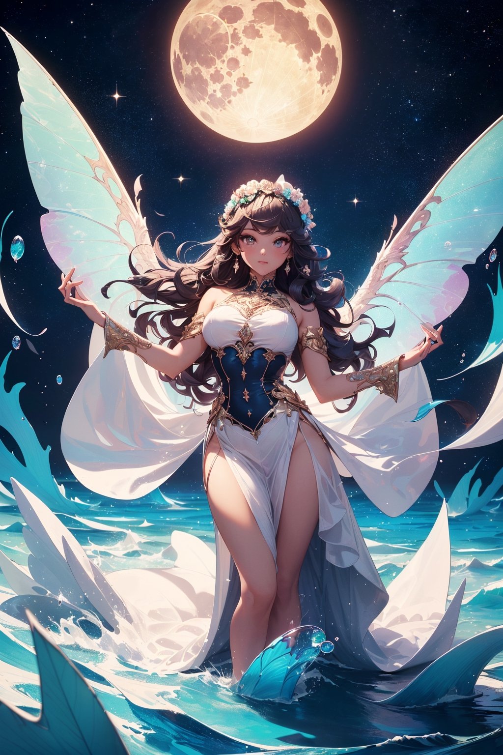 (high quality:1.4), (best quality:1.4), (masterpiece:1.4), official art, official wallpaper, surreal, beautifulgoddess, (1woman:1.1), (long wavy hair:1.1), (flower crown:1.1), (mystical creatures:1.1), (floating islands:1.1), (detailed landscape:1.1), (magic in the air:1.1), (stardust:1.1), night sky, (whimsical atmosphere:1.1), (dreamlike world:1.1), (bubbles:1.1), flying books, (luna moths:1.1), (moonlight:1.1), enchanted forest, (wisdom:1.1), (powerful energy:1.1), (guardian angels:1.1), (peaceful:1.1), vibrant colors, (detailed:1.05), (extremely detailed:1.06), sharp focus, (intricate:1.03), cinematic lighting, (extremely intricate:1.04), (epic scenery:1.09), vibrant colors, (beautiful scenery:1.08), (detailed scenery:1.08), (intricate scenery:1.07), (wonderful scenery:1.05),, (sharp focus,absurdres,high quality,masterpiece,highres,best quality:1.5)