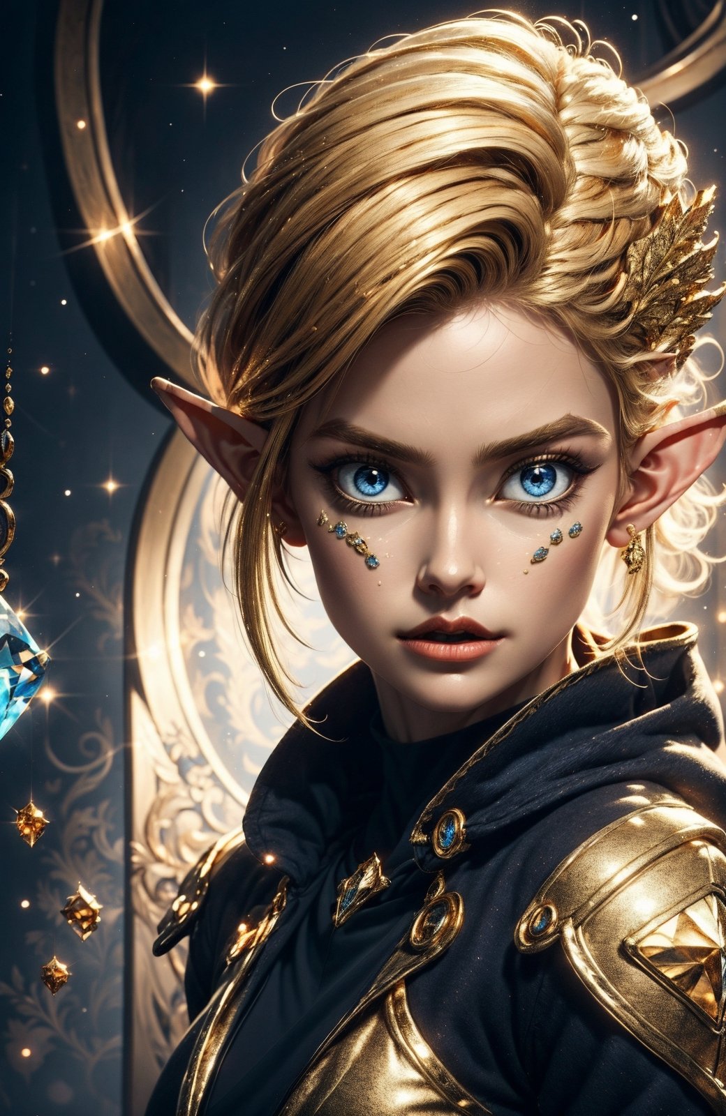 1girl, solo, Dark, Blue eyes, evil, golden, shiny, gold hair,High detailed ,midjourney,perfecteyes, big eyes, diamond, gems, elf, gold coat,
Masterpiece, high resolution, ultra detailed, good quality,orcaeffectKA