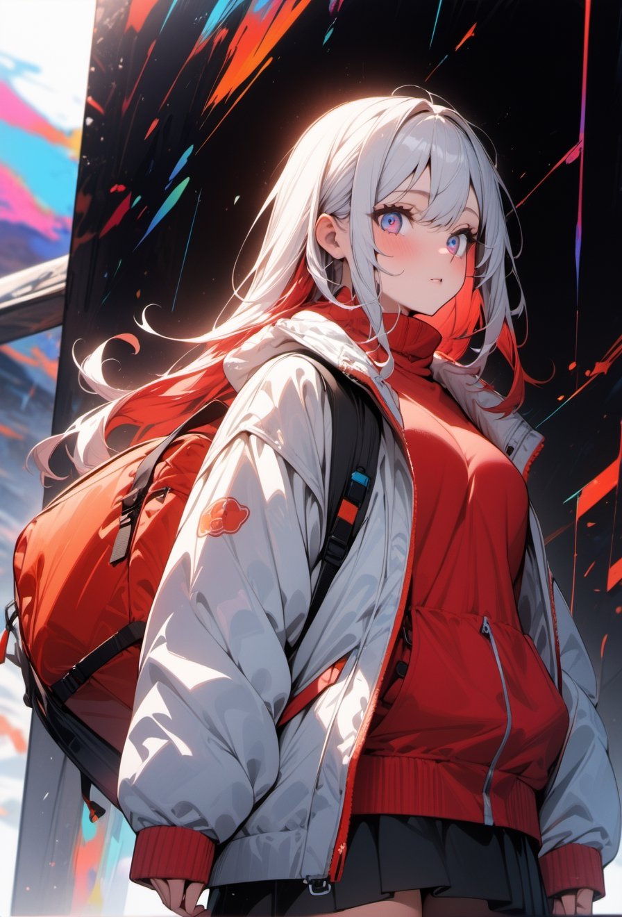 masterpiece, best quality, very aesthetic, absurdres, vibrant colours, 1girl, solo, red t-shirt, winter jacket, white jacket, black skirt, climbing bag, long hair, white hair, red hair underneath, detailed eyes, white background, abstract_background ,KA