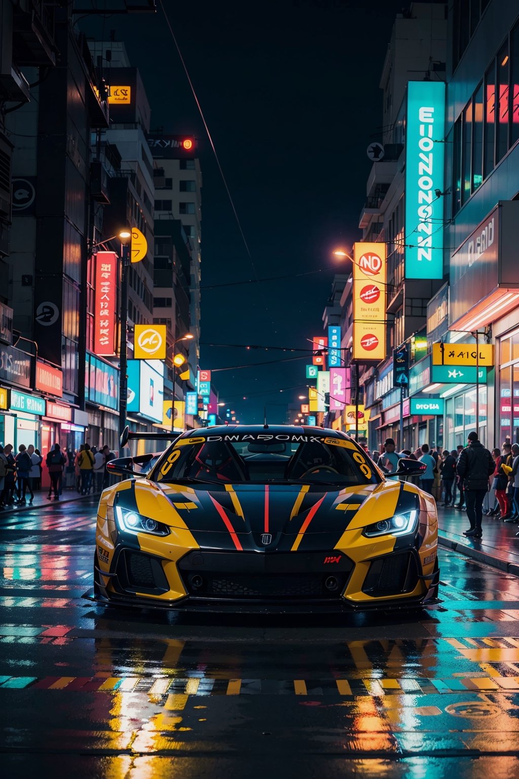 Super car, wide body kit, modified car, racing livery, rainingmasterpiece, best quality, realistic, ultra highres, depth of field,(full dual colour neon lights:1.2), (hard dual colour lighting:1.4), (detailed background), (masterpiece:1.2), (ultra detailed), (best quality), intricate, comprehensive cinematic, magical photography, (gradients), colorful, detailed landscape, visual key,cybernoenKA