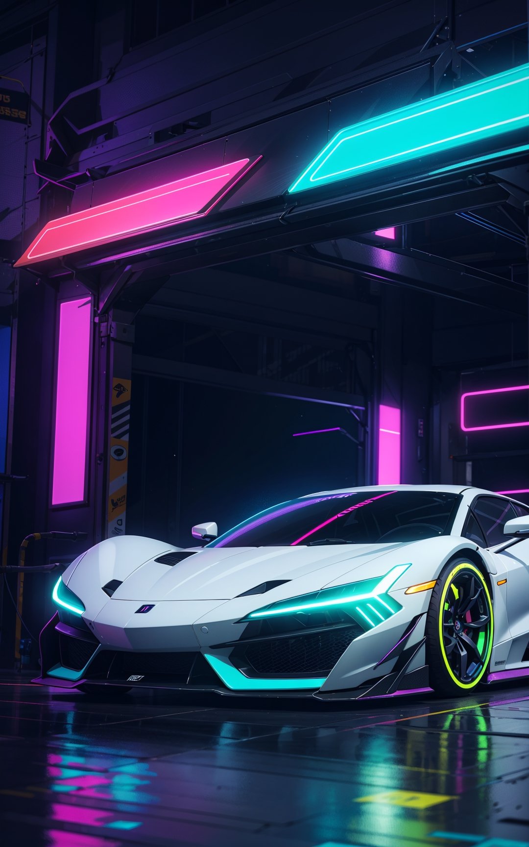 (digital artwork), EV Super car, wide body kit, modified car, racing livery, rainingmasterpiece, best quality, realistic, ultra highres, depth of field,(full dual colour neon lights:1.2), (hard dual colour lighting:1.4), (detailed background), (masterpiece:1.2), (ultra detailed), (best quality), intricate, comprehensive cinematic, magical photography, (gradients), colorful, detailed landscape, visual key,cybernoenKA