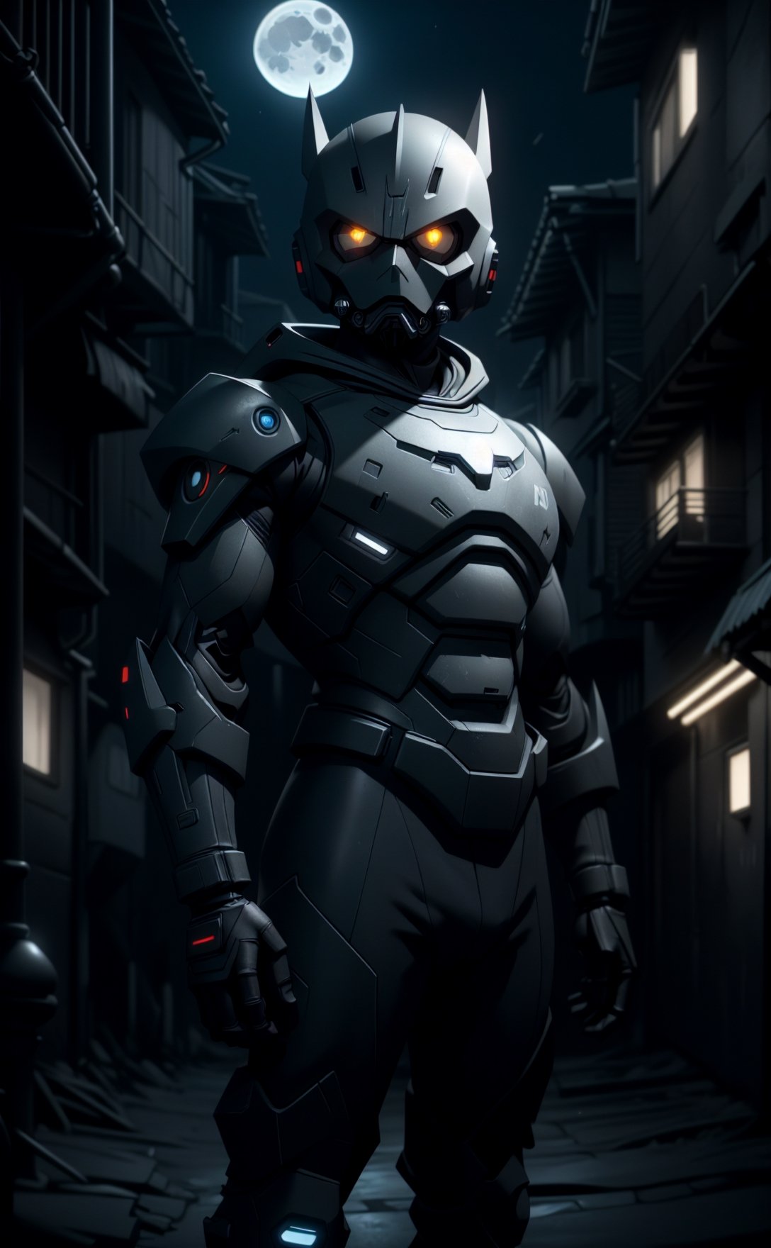 absurdres, 1boy, (at night:1.4), dark alley, moon, grey (android (batman:0.8)) in (matte black hardsuit:1.2), military, roughed up, mechanical arms, city fog, (glowing white eyes) 