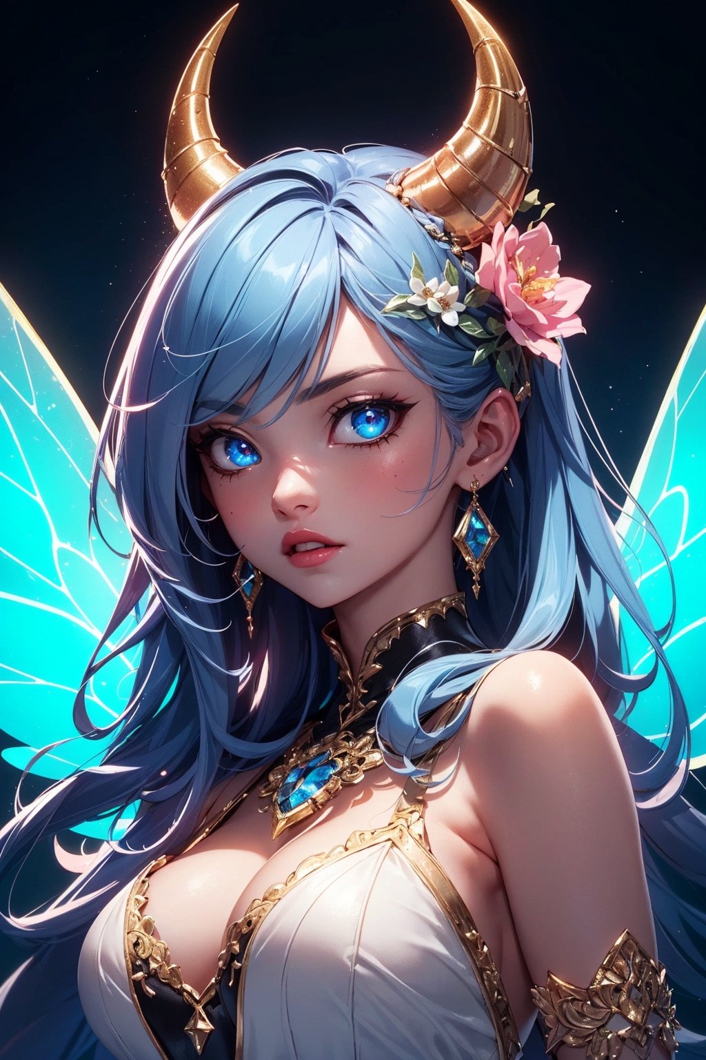 (colorful, highly detailed, pretty:1.25), upper body, sexy lady, looking at viewer, solo, red lips, horns,
fairy, magical being, fantasy, ethereal, black large feathered wings, masterpiece, best quality, realistic, ultra highres, depth of field, (full dual colour neon lighting:1.2), (hard dual colour lighting:1.4), (detailed face:1.2), (detailed eyes:1.2), (detailed background), (masterpiece:1.2), (ultra detailed), (best quality), intricate, comprehensive cinematic, magical photography, (gradients), colorful, detailed landscape, visual key, shiny skin, flower garden, fairy land  background 