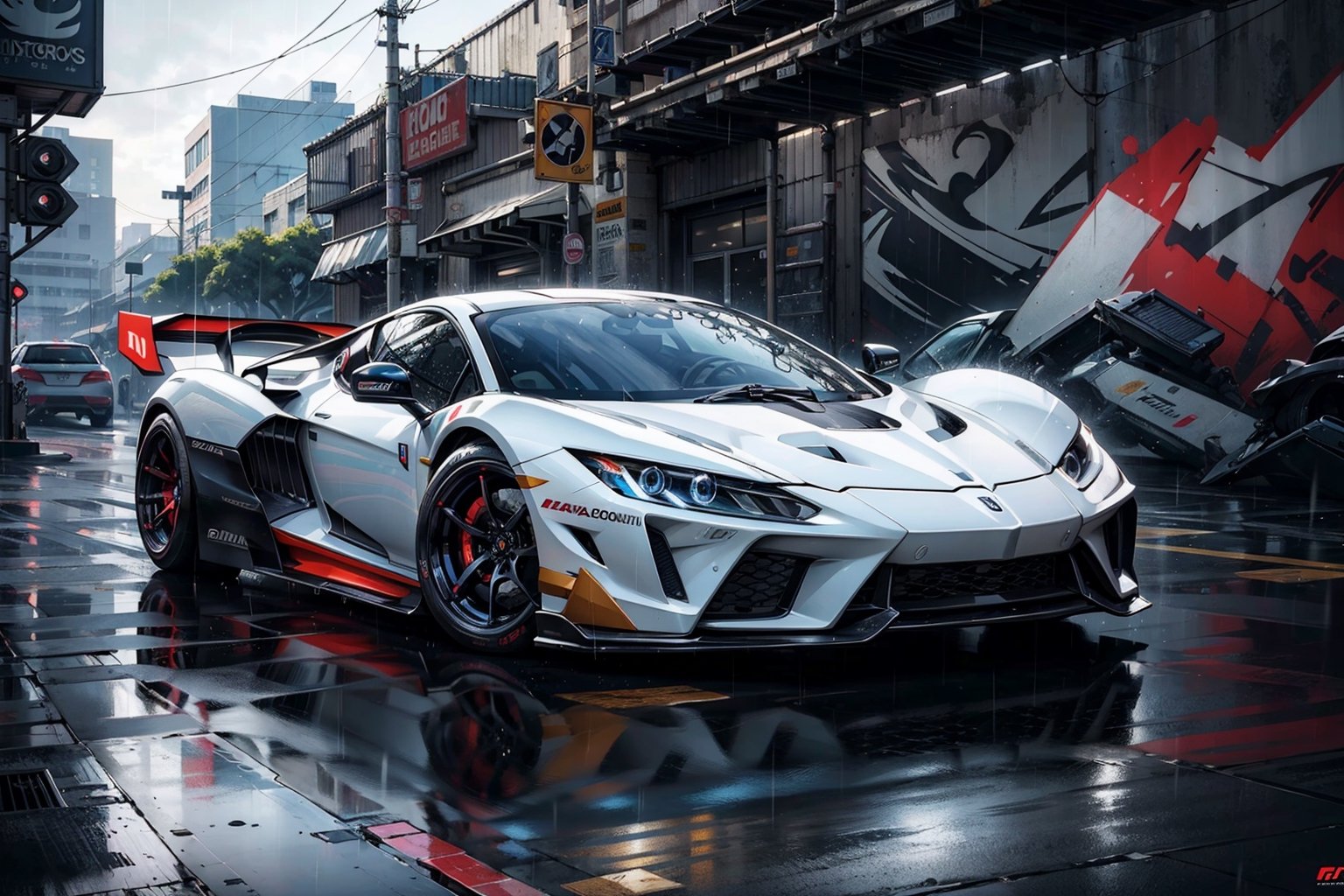 (digital artwork), hypercar, wide body kit, modified car, raining(detailed:1.2), (detailed background), graffiti wall