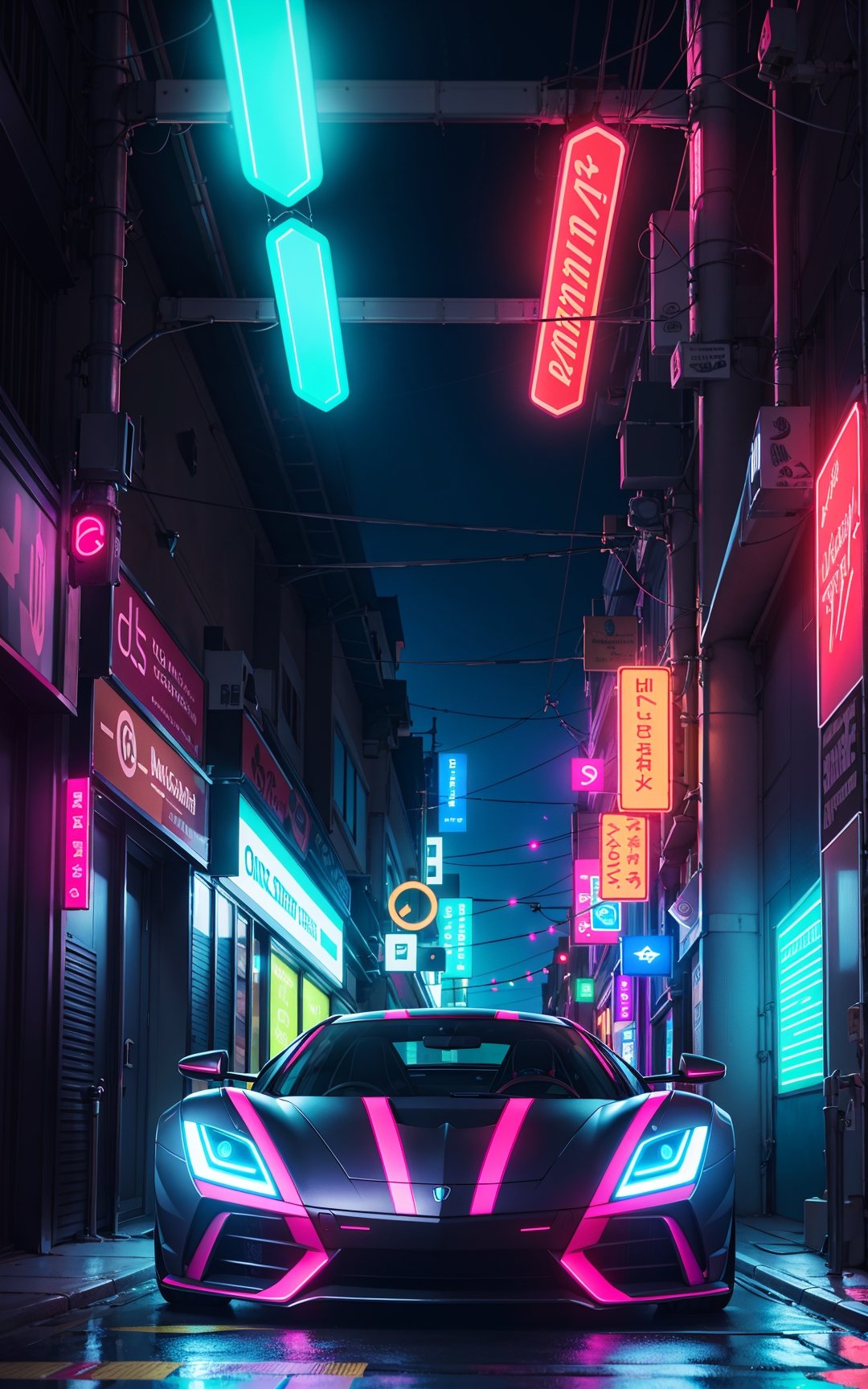 (digital artwork), EV Super car, wide body kit, modified car, racing livery, rainingmasterpiece, best quality, realistic, ultra highres, depth of field,(full dual colour neon lights:1.2), (hard dual colour lighting:1.4), (detailed background), (masterpiece:1.2), (ultra detailed), (best quality), intricate, comprehensive cinematic, magical photography, (gradients), colorful, detailed landscape, visual key,cybernoenKA