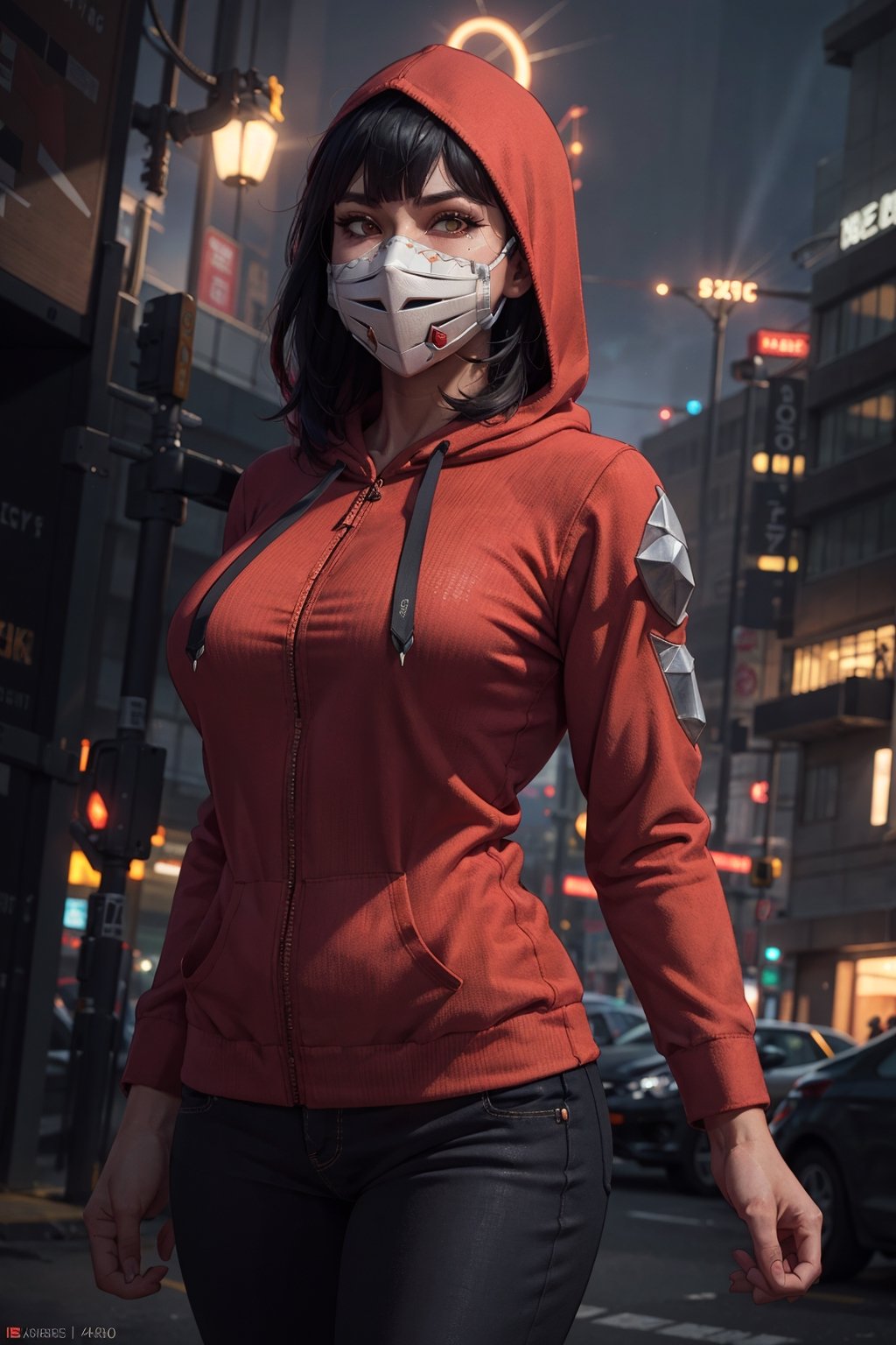 (octane render, best quality, sharp focus, 8k, 4k:1.3), Masterpiece, Best Quality, (skin texture, realistic skin, extremely detailed, intricate, hyper detailed), portrait, sharp detailed, beautiful woman, athletic body, random black hair, blunt bangs, ((sub zero mask, futuristic warrior girl)), (futuristic clothes, red hoodie long coat), (red hoodie, hoodie on head), pants, apocalypse forest at night, (solo)