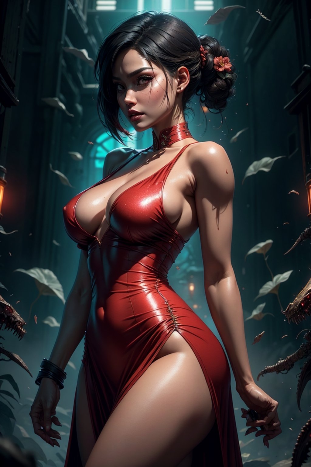 cowboy shot of Ada wong, chinese women, side view, resident evil, red sheat dress, long v-neck, dress slit, thigh slit, zombie apocalypse background, 
High detailed, BiophyllTech,glitter, DonMDj1nnM4g1cXL ,potcoll, DonMBl00mingF41ryXL 