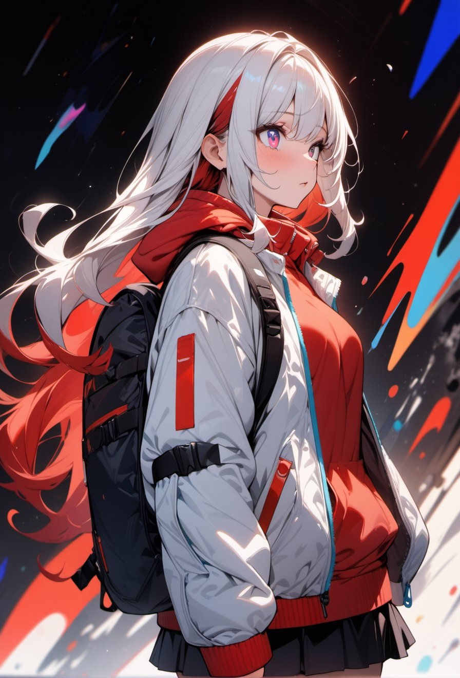 masterpiece, best quality, very aesthetic, absurdres, vibrant colours, 1girl, solo, red t-shirt, winter jacket, hoodie, white jacket, black skirt, climbing bag, long hair, white hair, red hair highlights, detailed eyes, white background, abstract_background ,KA