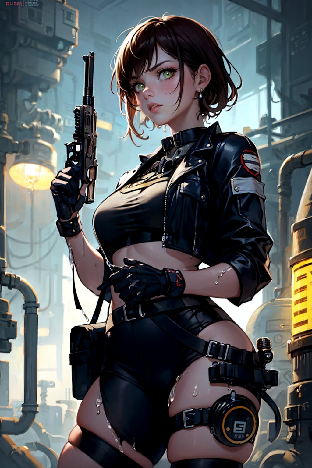 ((Masterpiece, best quality, highres)), Animescreencap, close up, 1girl ,a (((fully clothed))) biomechanical __cowgirl, mechanic cowgirl boots,  (((Biopunk outfit with fluids running through tubes))), feminine, (((((holding a mechanic Colt))))), ((gunbelt)), colt peacemaker pistol in right hand, clean shaven, slander, confident, sole focus, square chin, cowboy shot, contrapposto, masterpiece, award-winning photography, macro photography vivid colors, photorealistic, atmospheric, cinematic, moody, rule of thirds, majestic, detailed, sharp details,sharp focus, perfect anatomy, aesthetic, cyberpunk