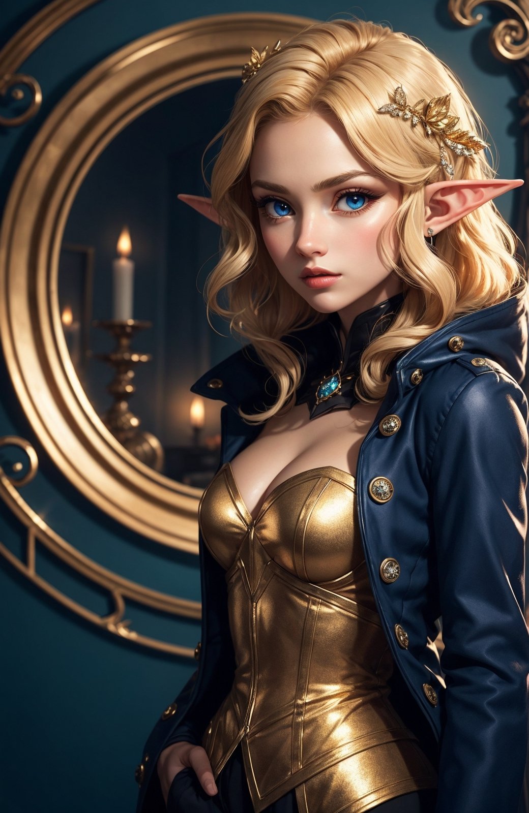 1girl, solo, Dark, Blue eyes, evil, golden, shiny, gold hair,High detailed ,midjourney,perfecteyes, big eyes, diamond, gems, elf, gold coat,
Masterpiece, high resolution, ultra detailed, good quality,orcaeffectKA