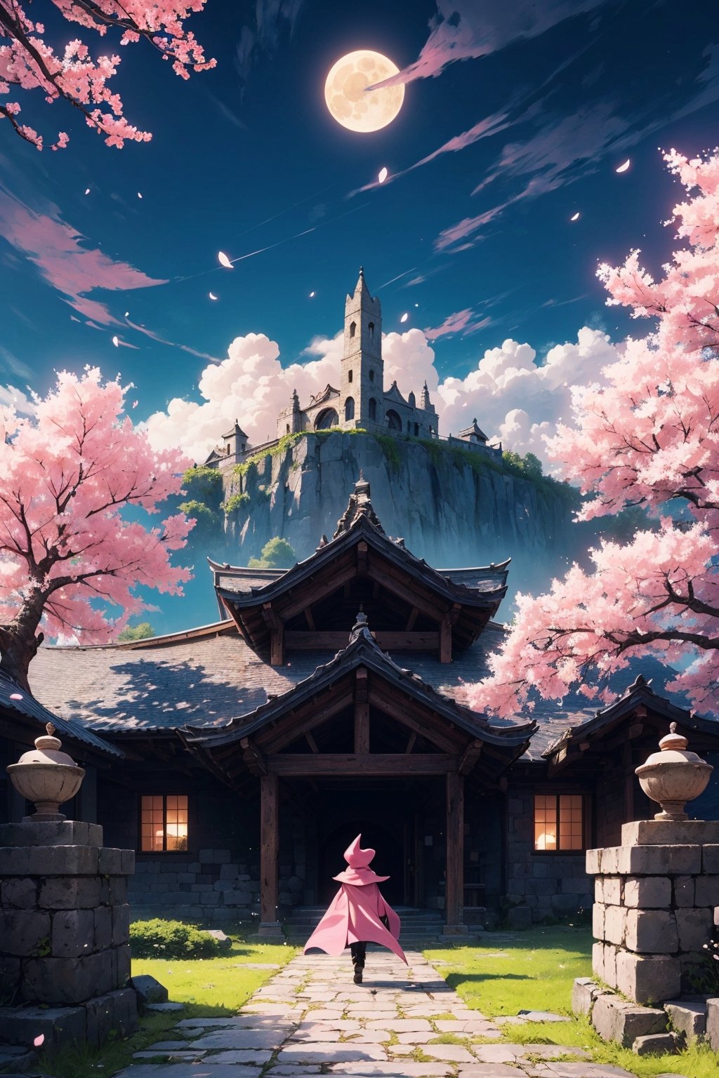 concept art, wide angle shot, A stealthy pink ninja, in the cloak of shadows, (((descending on roof))), cherry blossom tree, in an ancient fortress, weathered stone walls, mount fugi in distant horizon, at night, fog, full moon. high quality, highres:1.1, aesthetic), detailed, extremely detailed, 4K, detailed background