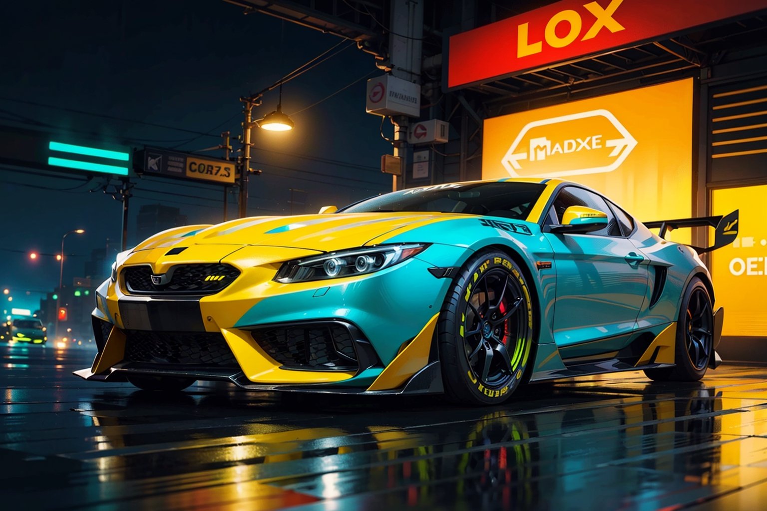 (digital artwork), Super car, wide body kit, modified car, racing livery, rainingmasterpiece, best quality, realistic, ultra highres, depth of field,(full dual colour neon lights:1.2), (hard dual colour lighting:1.4), (detailed background), (masterpiece:1.2), (ultra detailed), (best quality), intricate, comprehensive cinematic, magical photography, (gradients), colorful, detailed landscape, visual key,