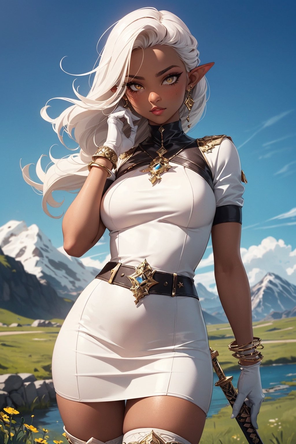 (masterpiece, best quality:1.4), highly detailed, intricate, professional artwork, outstanding digital art, 8K, 
Pirotess (holds a sword:1.05) in a fighting stance, mature female, curvy, blush, (flirting glance:1.1), (mountains meadows fantasy background:1.1), (closeup, cowboy shot:1.15) looking at viewer, 
(dark skinned female, dark skin:1.3), pointy ears, white hair, long hair, circlet, lipstick, makeup, black eyeshadow, jewelry, bracelet, ultra detail hair, ultra detail face, yellow eyes, perfect eyes, perfect face, 
white short dress, white gloves, thigh boots, 
