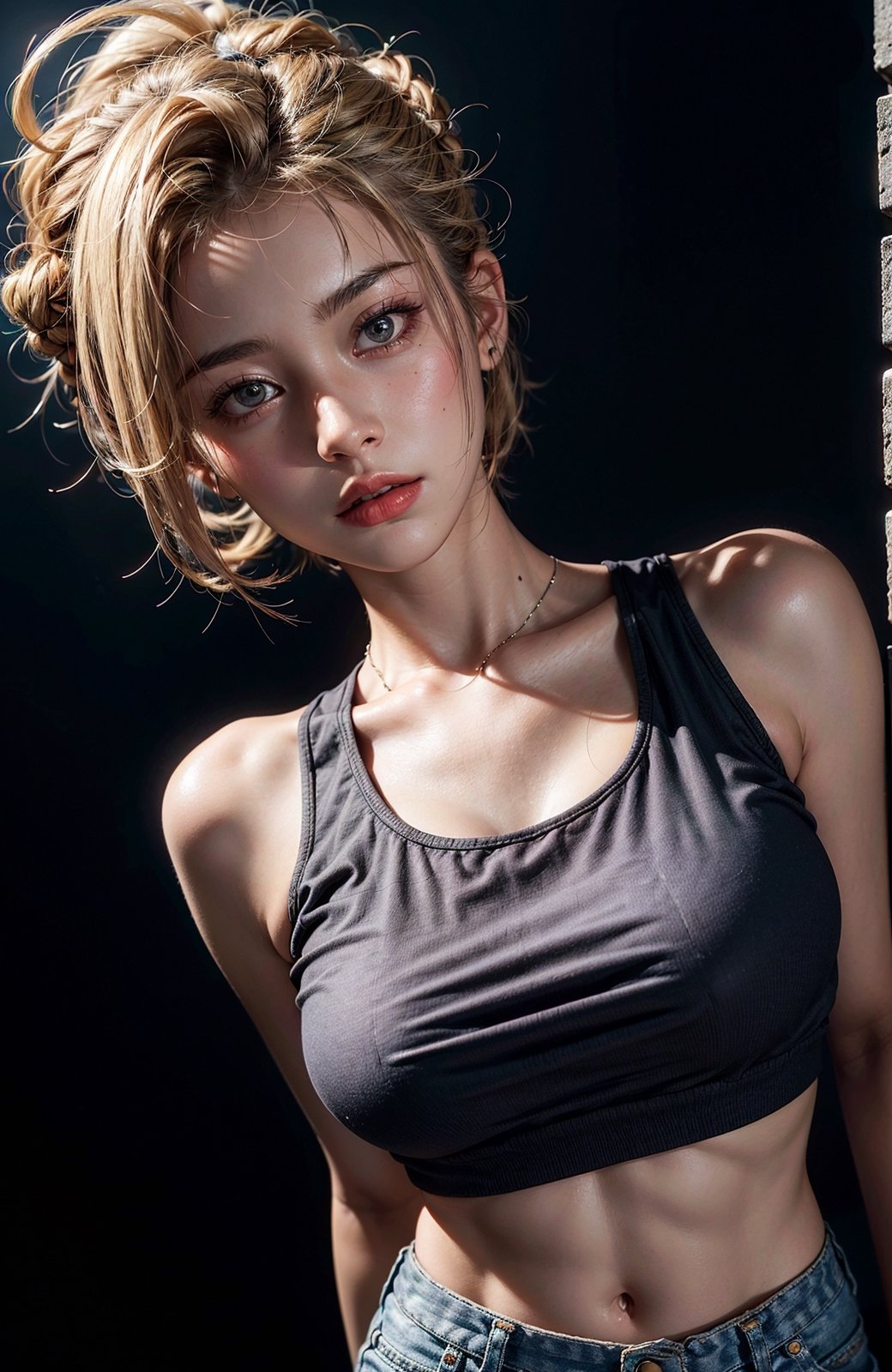 1girl, 20yo, woman, beautiful face, blonde, large breasts, short shorts, crop top, sleeveless, (hi-top fade:1.3), dark theme, soothing tones, muted colors, high contrast, detailed face, (natural skin texture, hyperrealism, soft light, sharp),Add more detail