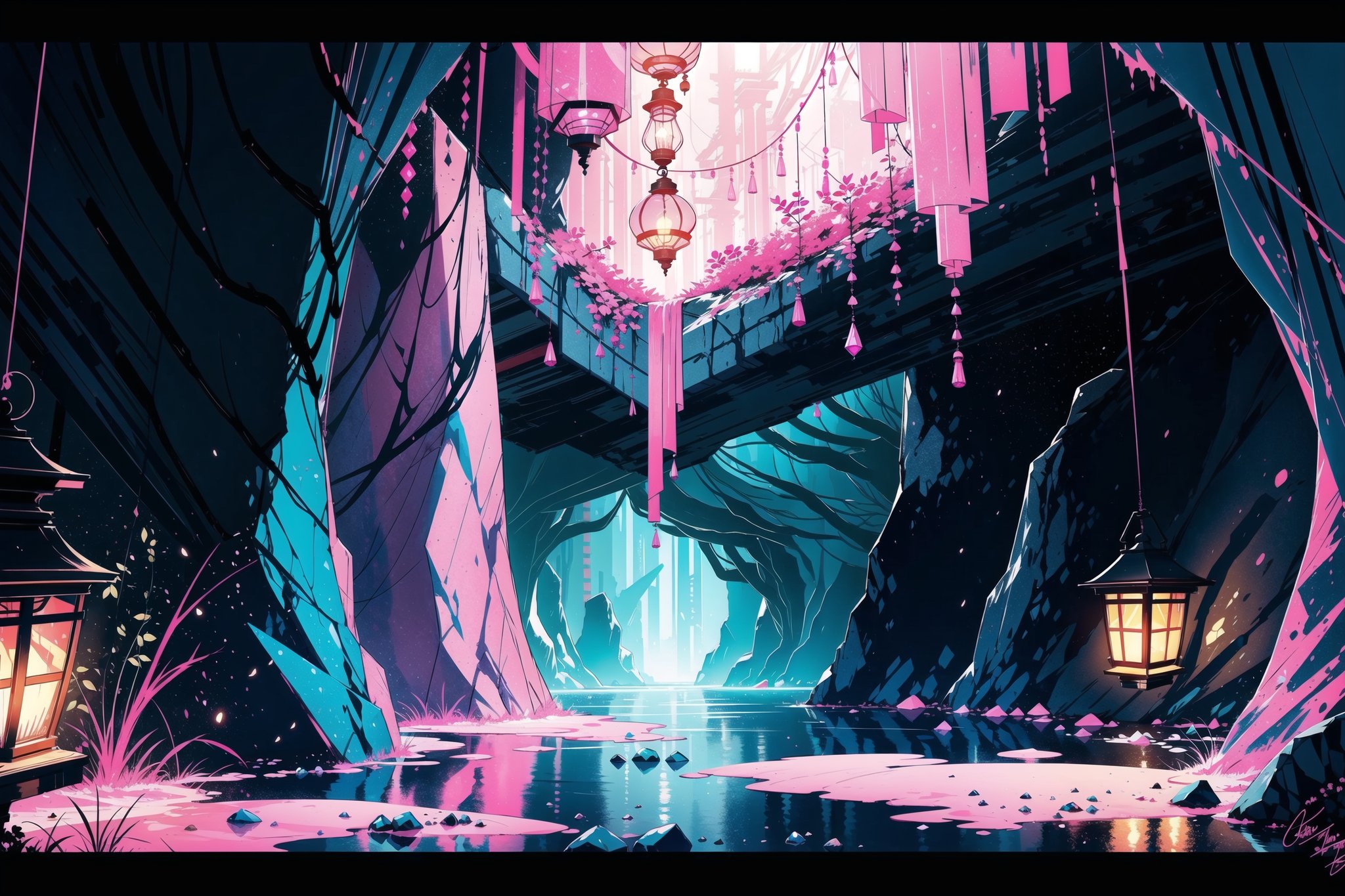  black border, blue light, border, cave, cave interior ,crystal,crystal shard, distortion, glitch, hanging lantern, landscape, lantern,limited palette, neon palette, no humans, pink gemstone, pink light, rock, wet floor