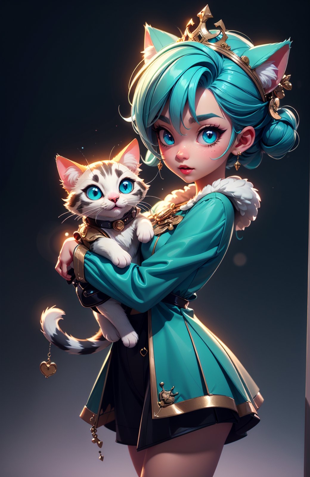 3d render of a game character, cat, cute small cat, (chibi:1.1) anthropomorphic cat, crown, teal, fluffy, cg, colonial suit, unity render, cat eyes, large eyes, blender, octane render, hyper detail, hyper focus, simple background, gradient background, high performance, high poly count, extreme quality, uhd, 8k, aaa, (neon highlights), steampunk