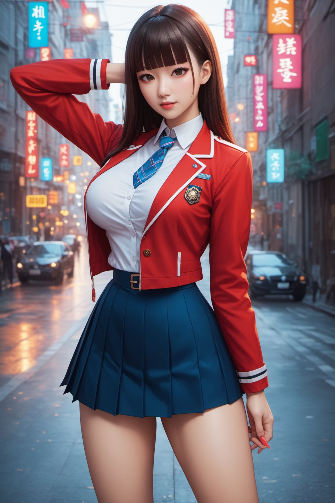 score_9, score_8_up, score_7_up, score_6_up, beautiful korean girl, 18 year old, long brown hair, blunt bangs, eyelashes, school uniform, mini skirt, open jacket, red jacket, large breasts, narrow waist, large hip, large_thighs , street, detailed background, highly detailed, vibrant colors, cowboy shot, centered