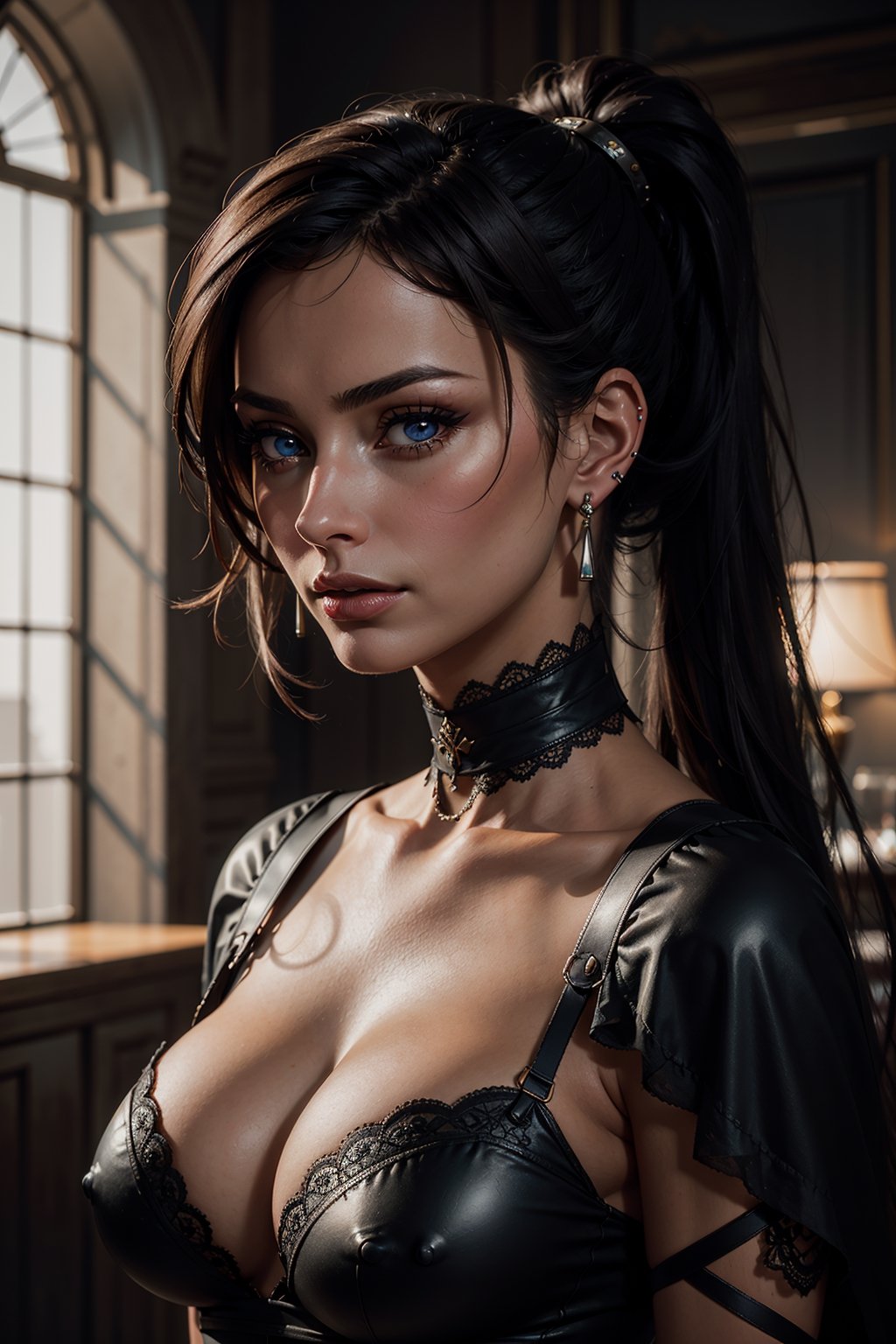 masterpiece, best quality, beautiful lighting, ultra detailed, hypery
(dark theme:0.9), medieval portrait of a woman sharp features, pointy ears, black hair, blue eyes, sophia loren, ponytail, dark skin, clevage, huge breasts, red lipstick, earrings, grim, cold stare, dark colors, Volumetric lighting, Alphonse Mucha, dynamic lighting hyperdetailed intricately detailed, (hdr:1.22), complex background, hyperrealism, amandine van ray