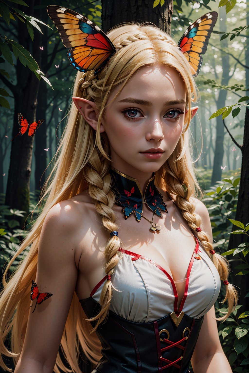 masterpiece, best quality, beautiful lighting, ultra detailed, hypery
1girl, red eyes, twin braids, pointy ears, blonde hair, butterfly wings, fantasy, forest, multicolored background