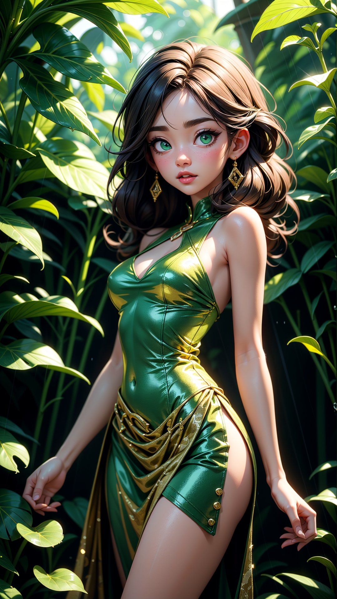 Cowboy shot, androgynous hunnuman, oval jaw, delicate features, beautiful face, dreadlocked hair, long bangs, brown hair, bright blue-green eyes, green dress, gold attire, gold, light ray, Ray tracing, sun ray, forest, rain forest, water fall, Korean