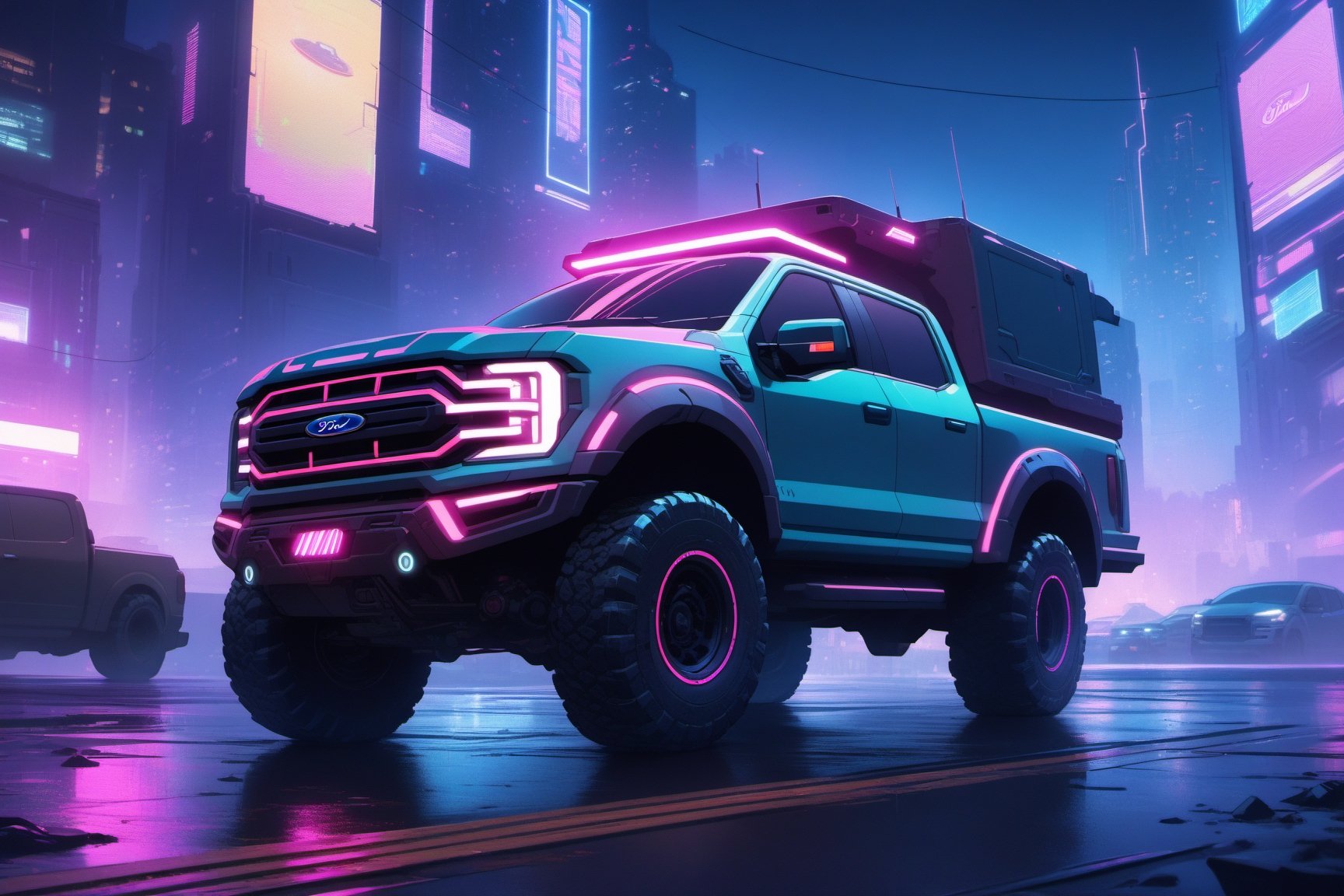 Cyberpunk, electro lights, Ford truck, 6x6, cyberpunk truck, night, detailed background

masterpiece, best quality, ultra-detailed, very aesthetic, illustration, perfect composition, intricate details, absurdres, no humans,